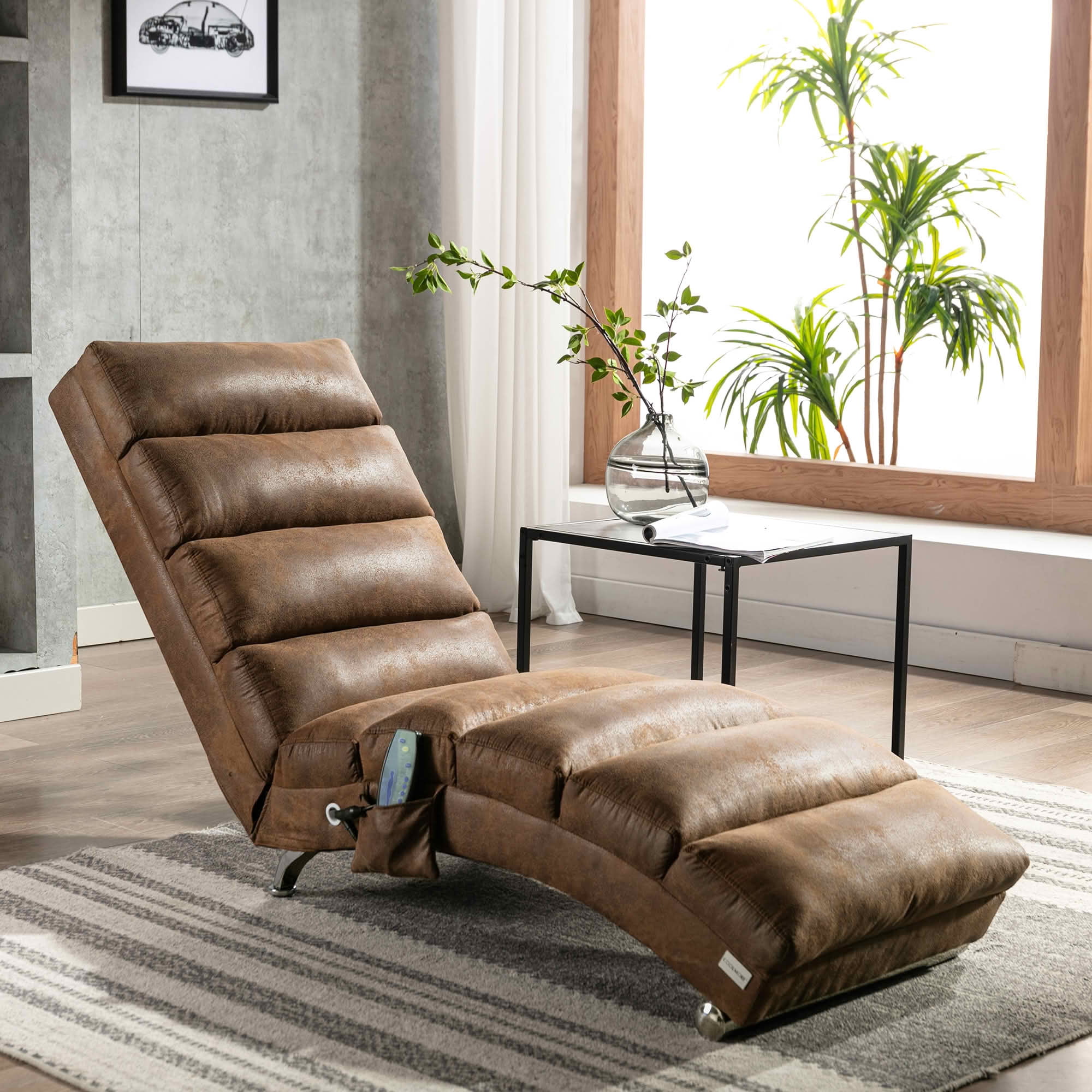 MAYEERTY Vibrating Upholstered Chaise Lounge Chair, Ergonomic Fixed Back Fabric Recliner Sofa with Side Pocket Remote Control for Living Room Bedroom