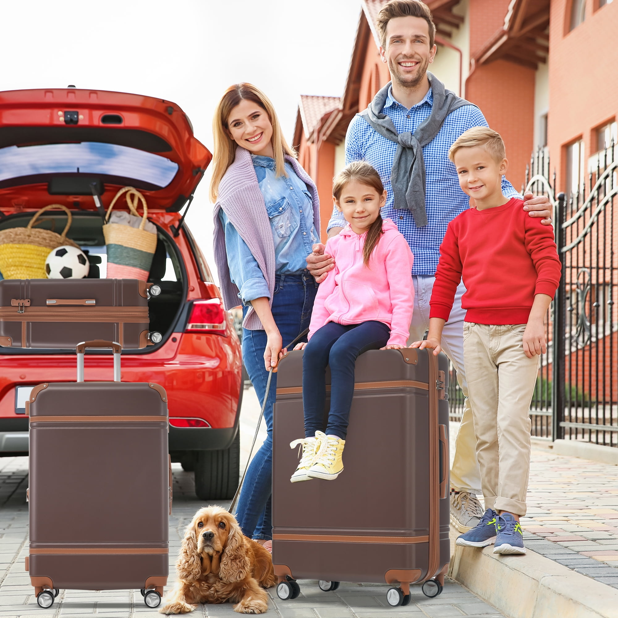 MAYEERTY Vintage 3-Piece Luggage Set: 20"+ Expandable 28" Hardside Suitcase + Cosmetic Case, TSA Lock & Spinner Wheels, Brown