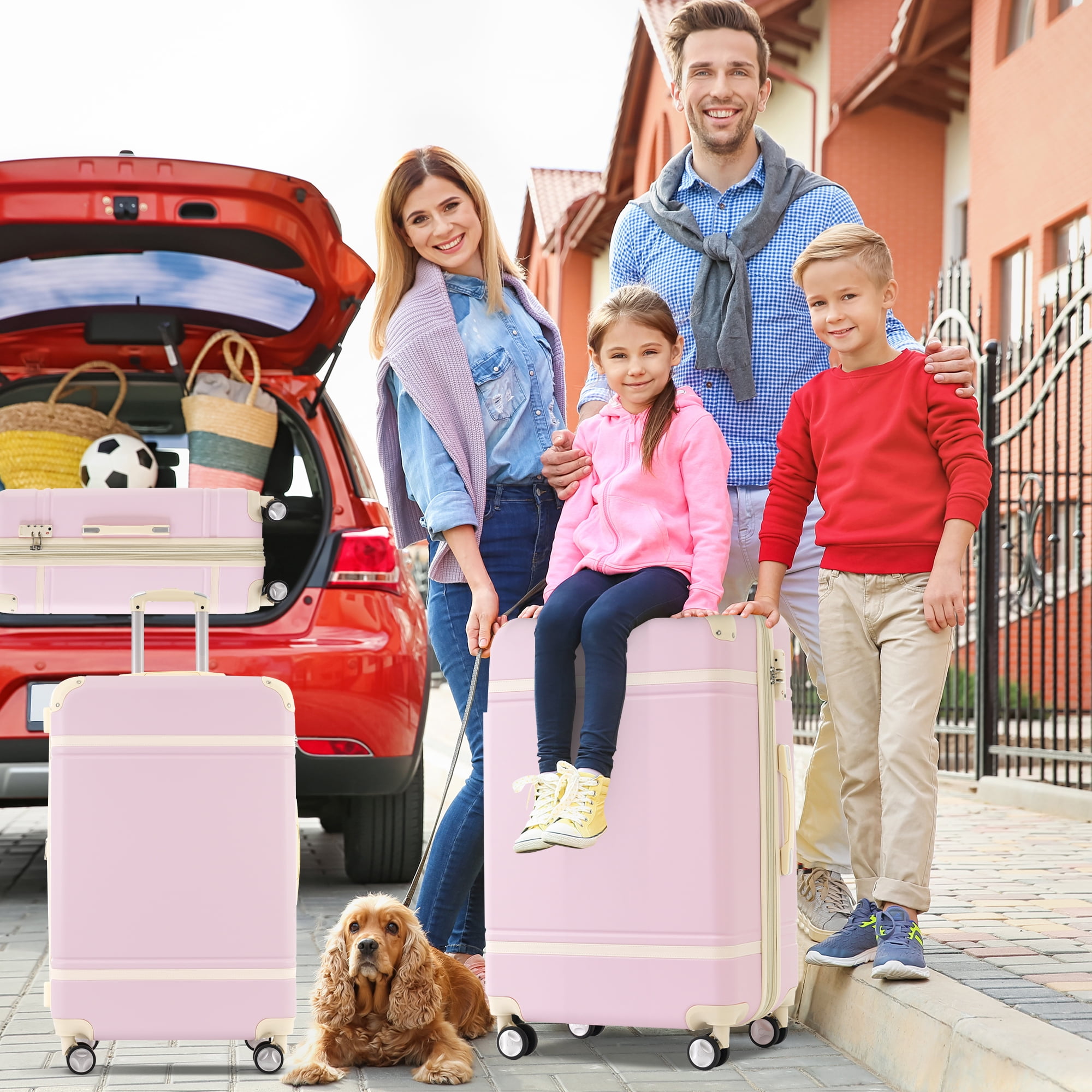 MAYEERTY Vintage 4-Piece Luggage Set - 20"+24"+28" Expandable Hardside Suitcase + Cosmetic Case with TSA Lock & Spinner Wheels, Light Pink