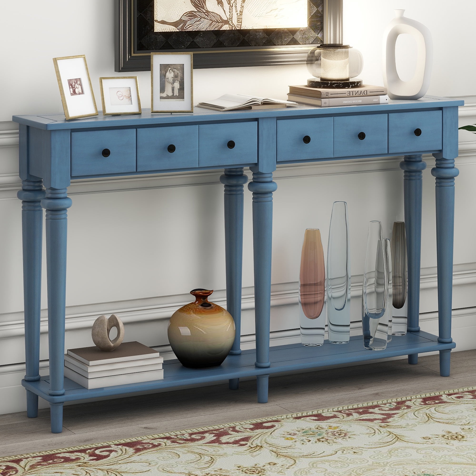 MAYEERTY Vintage Console Table with 4 Drawers, Entryway Table with Open Shelf for Hallway & Living Room, Navy Blue