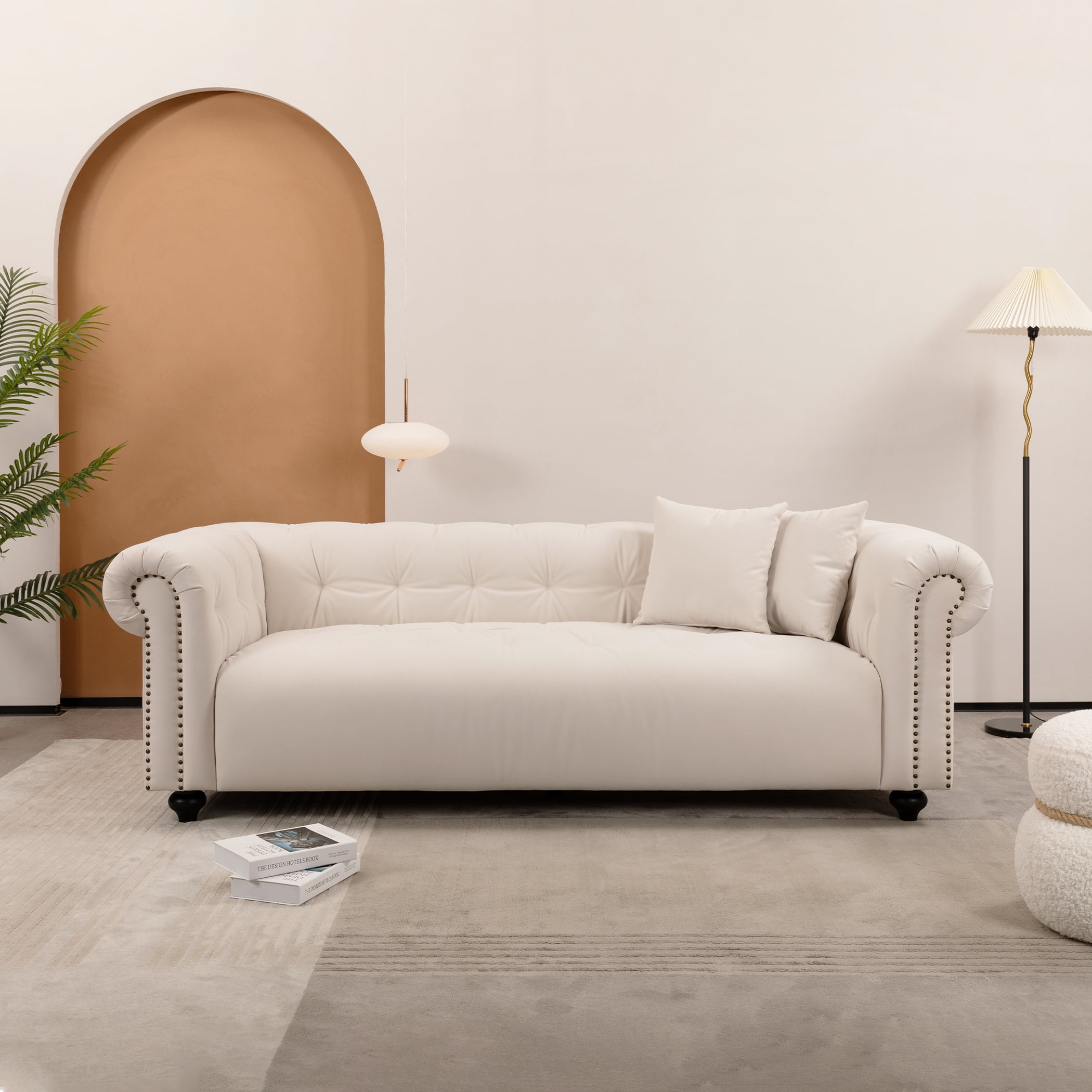 MAYEERTY Vintage medieval style sofa, white, complete only need to install feet can use it, with 2 throw pillows