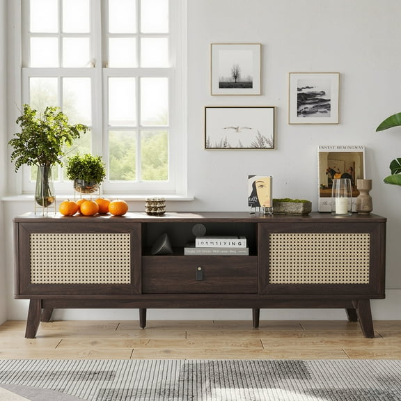 MAYEERTY Walnut 70"Rattan&Wood TV Stand, Boho Media Console with Drawer & 2 Cabinets for Living Room