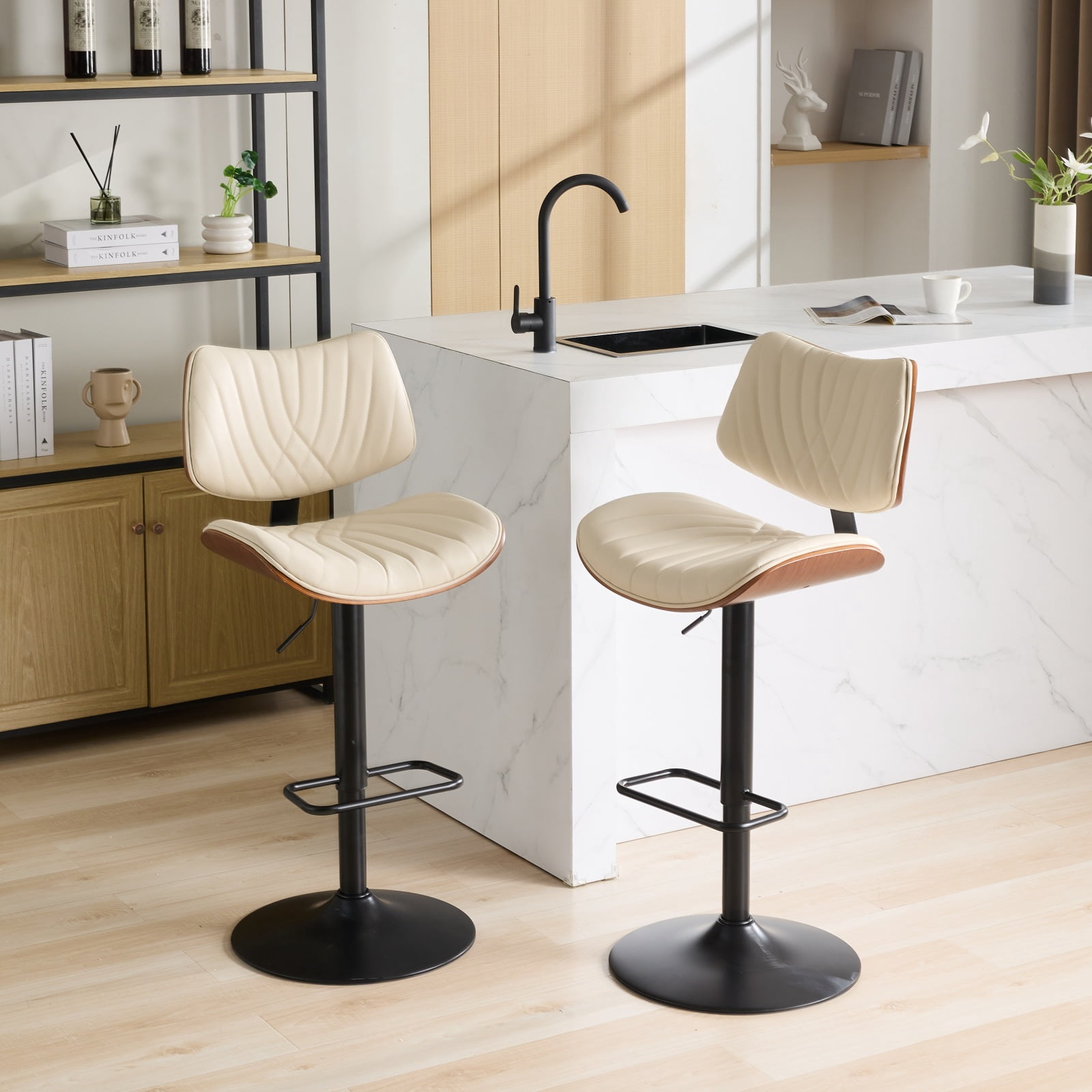 MAYEERTY Walnut Bentwood Bar Stools - Mid-Century Modern, Adjustable Height, Beige Leather, 360掳 Swivel, 1 Chair/Carton, Beige