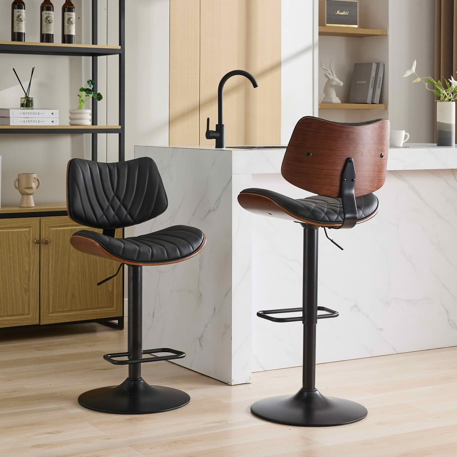 MAYEERTY Walnut Bentwood Bar Stools - Mid-Century Modern, Adjustable Height, Black Leather, 360掳 Swivel, 1 Chair/Carton, Black