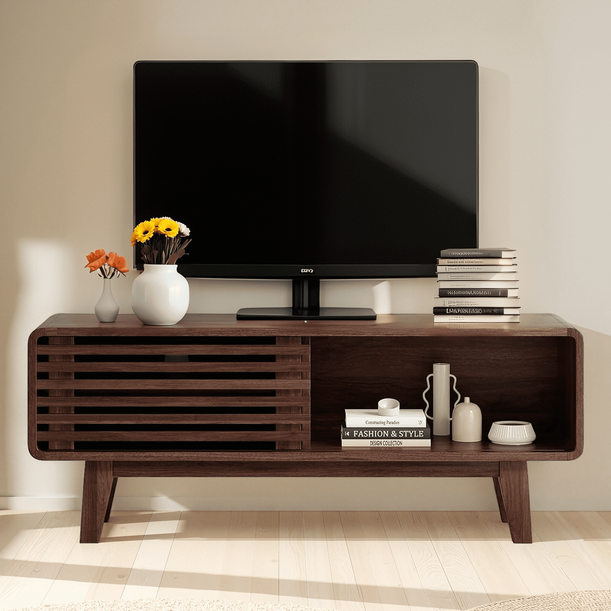 MAYEERTY Walnut Mid Century Modern TV Stand, 59" TV Console with Storage for Living Room & Apartments