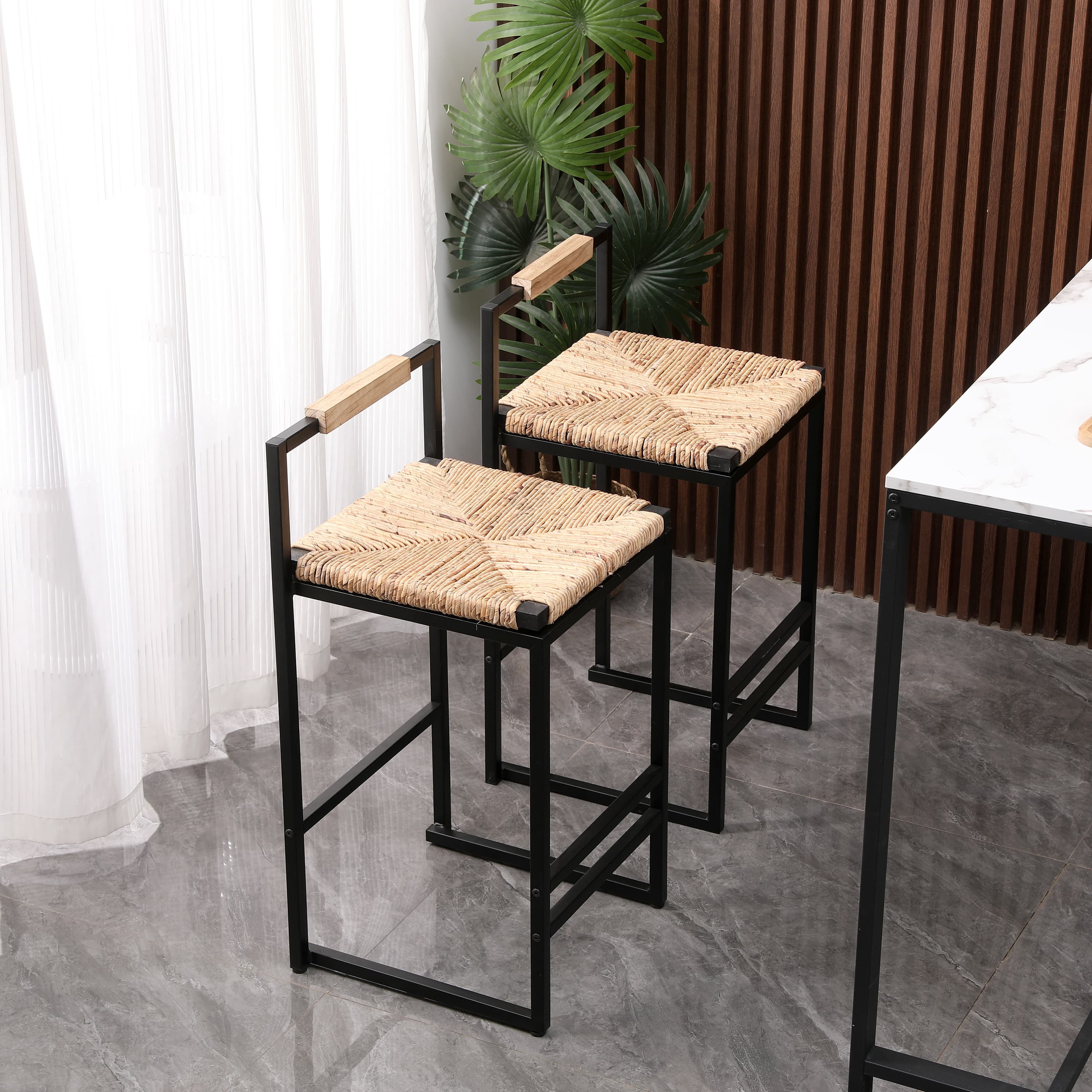 MAYEERTY Water Hyacinth Woven Bar Stools Set of 2 - with Back, Counter Height for Kitchen/Home/Office