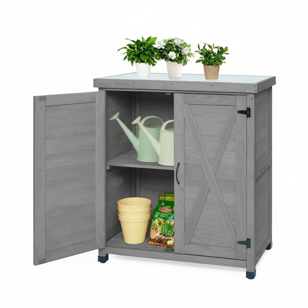 MAYEERTY Weatherproof Wood Potting Bench with Metal Table Top, Magnetic Doors, Outdoor Storage Cabinet for Patio, Yard, Balcony, Garage