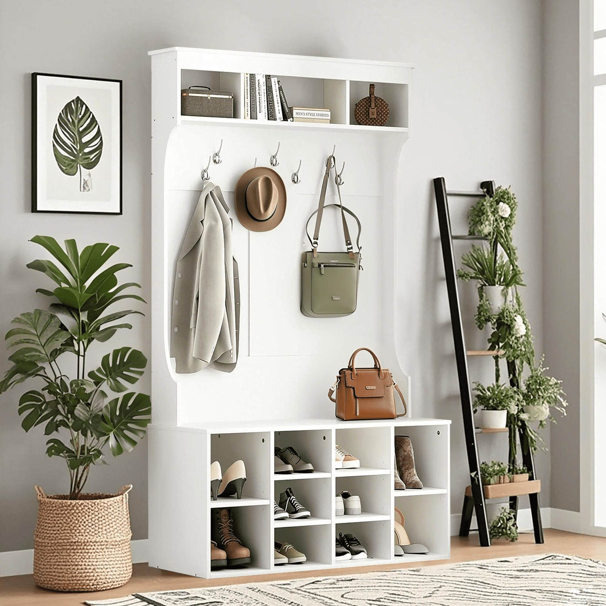 MAYEERTY White 71" Hall Tree with Shoe Storage, 7 Hooks , Freestanding, Adjustable Bench for Mudroom