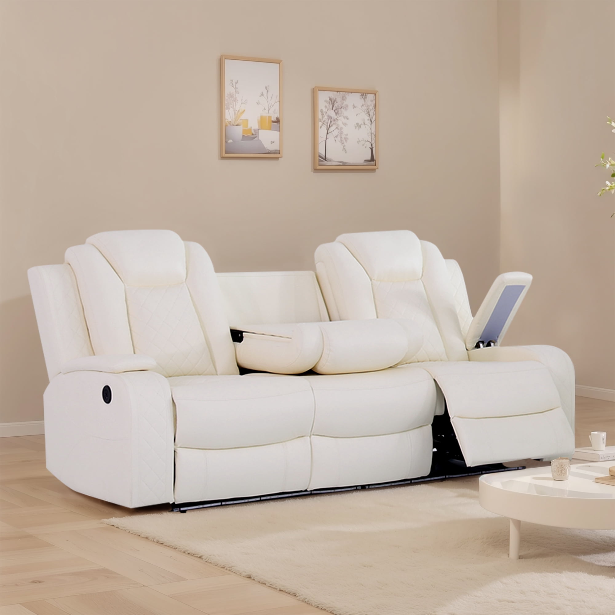 MAYEERTY White Breathing Leather 3-Piece Living Room Recliner Sofa