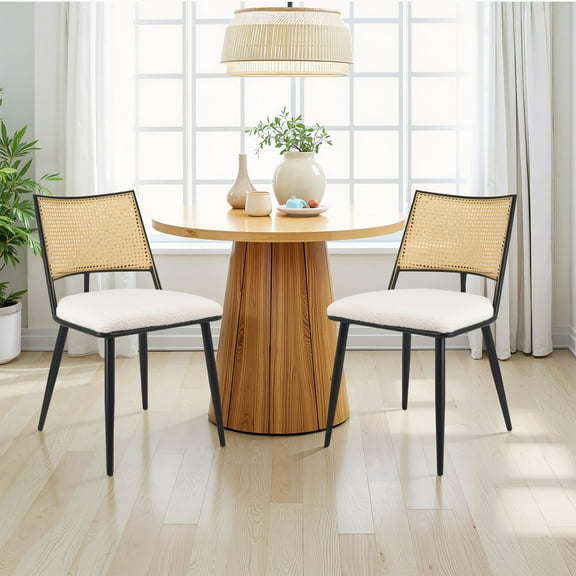 MAYEERTY White Dining Chairs Set of 2, Rattan Backrest, Metal Frame, Boucle Upholstery for Living Room