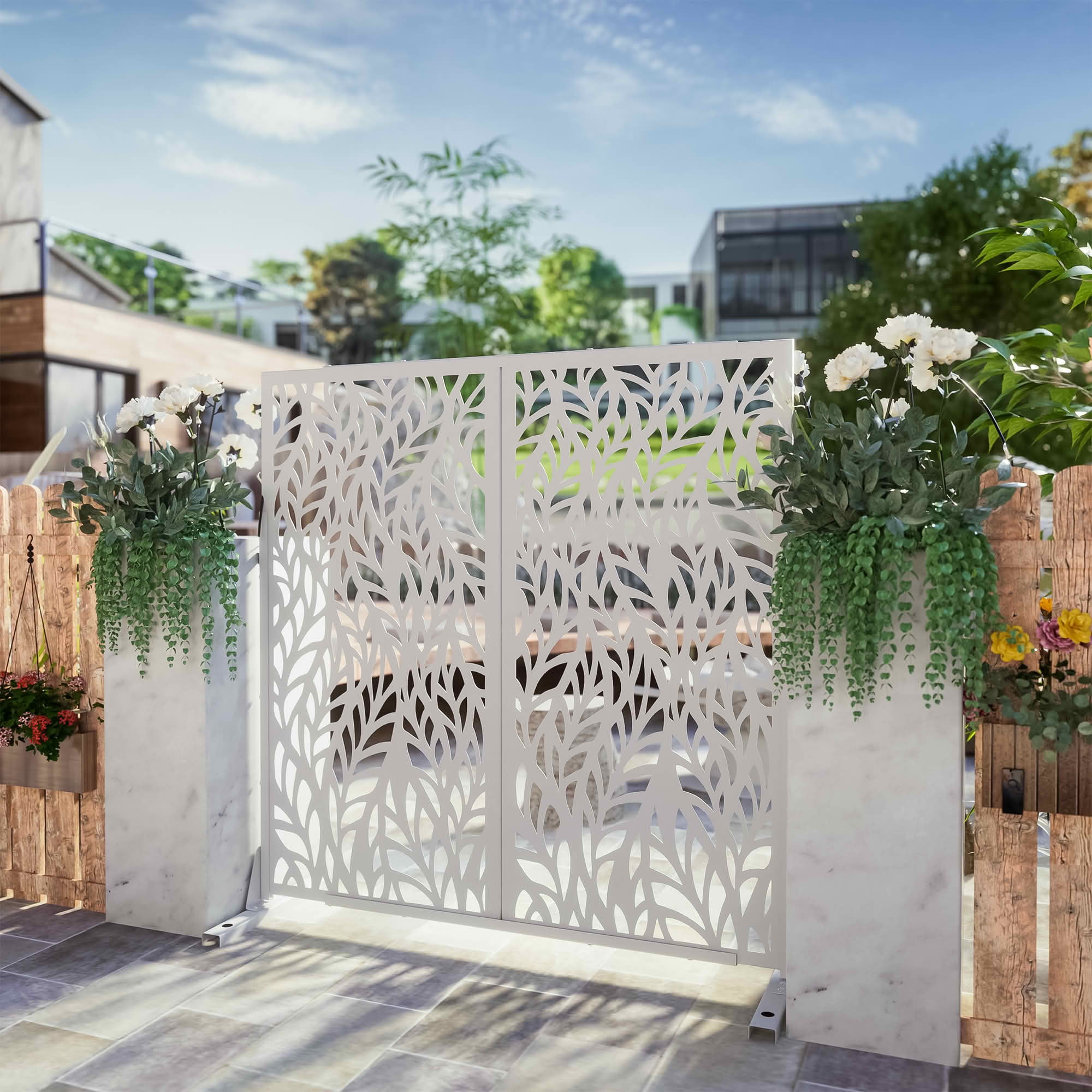 MAYEERTY White Galvanized Metal Privacy Screen, Outdoor Garden Patio, 72×47×16in, 3 Panels