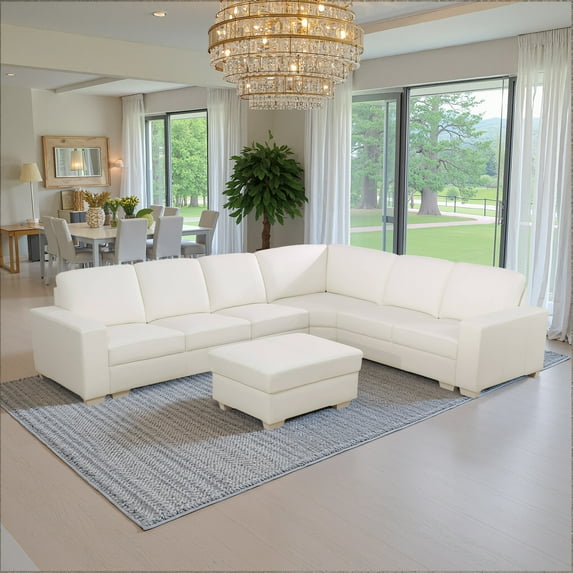 MAYEERTY 97" Large Genuine Cow Leather Loveseat Sofa Double Armrests 6-Piece Sectional Sofa for Living Room,White