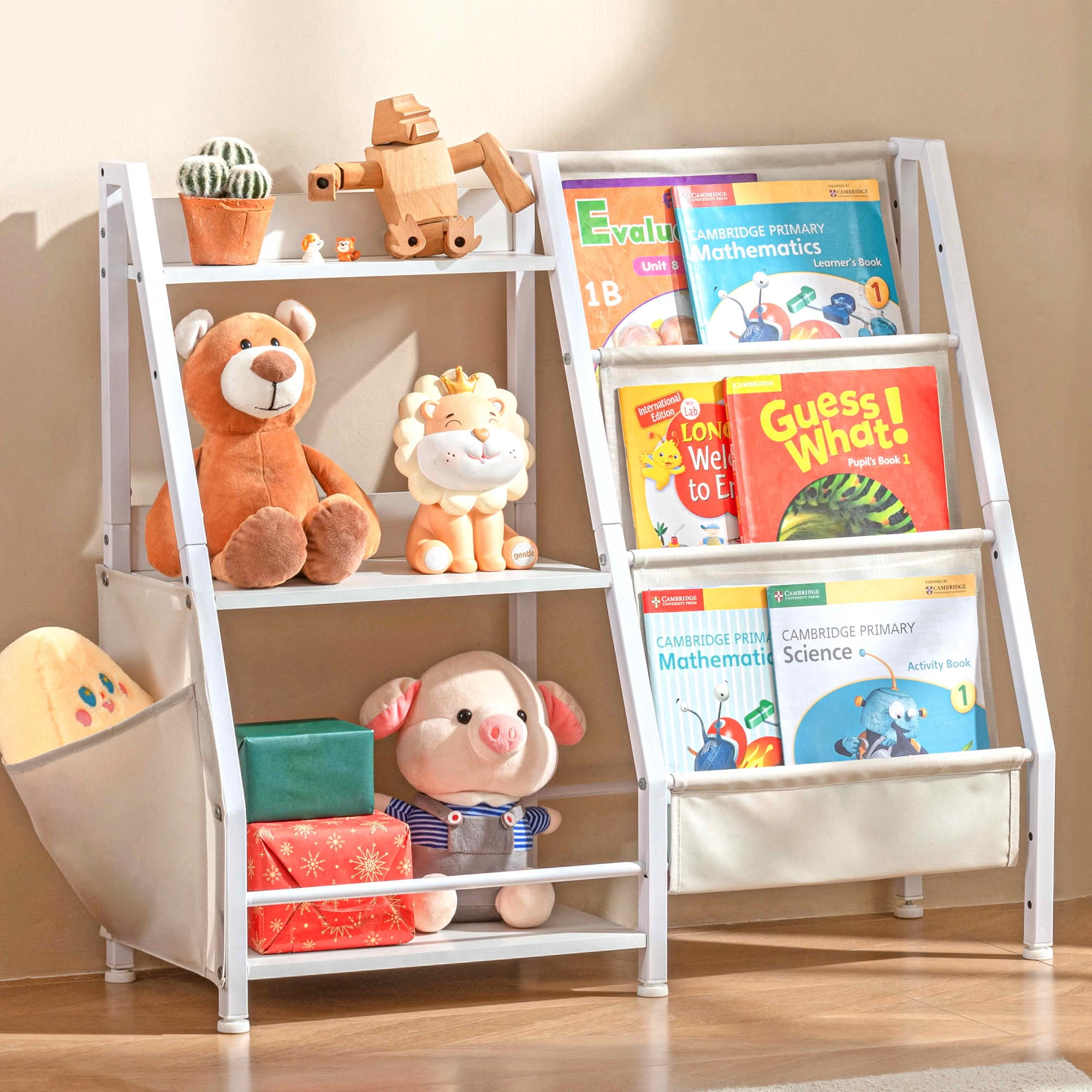 MAYEERTY White Metal 3-Tier Kids Bookshelf, 3 Sling Pockets + Side Pockets for Bedroom Study Room