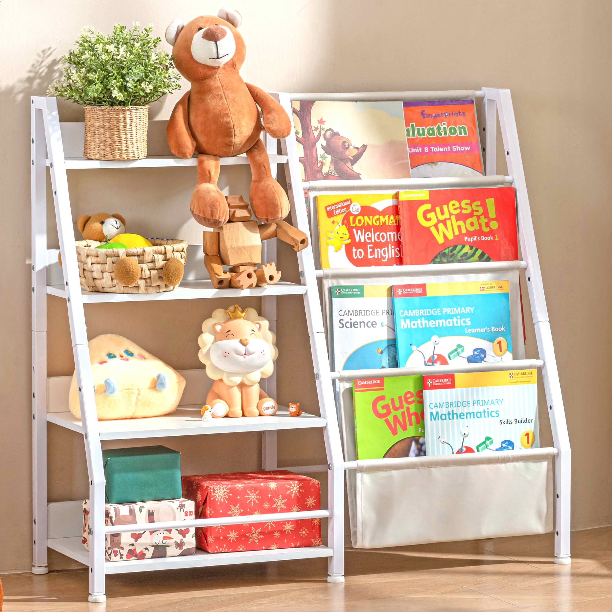MAYEERTY White Metal 4-Tier Kids Bookshelf, 4 Sling Pockets for Playroom Bedroom