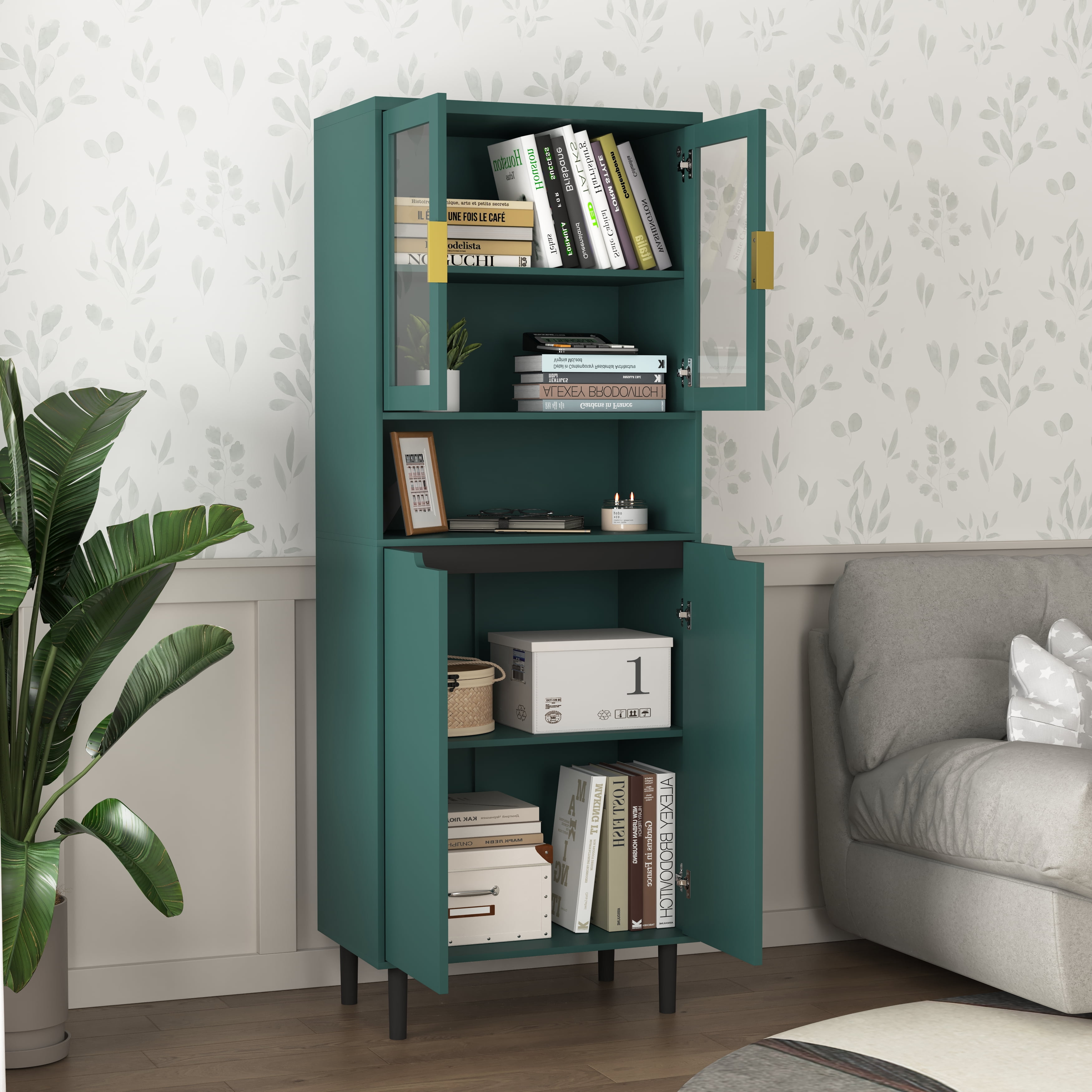 MAYEERTY White Tempered Glass Door Tall Storage Bookcase, 4-Door MDF Cabinet with Adjustable Shelves, Green