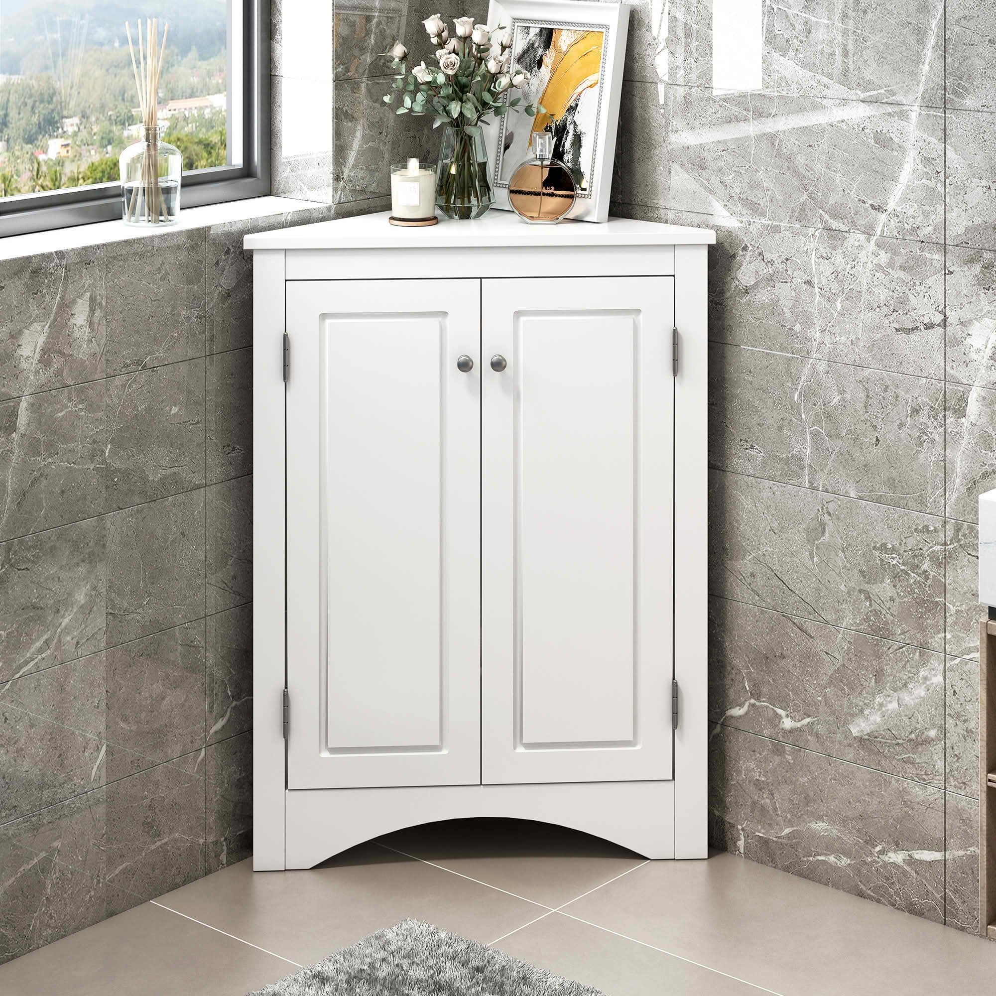 MAYEERTY White Triangle Bathroom Cabinet Adjustable Shelves Freestanding Floor Cabinet