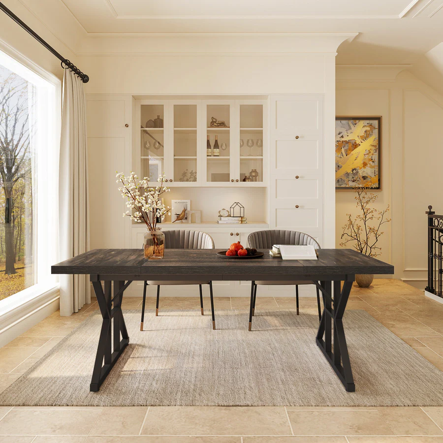 MAYEERTY Farmhouse Dining Table, 70.8" Wooden Kitchen Table with Metal Trestle Legs, Comfortably Seats 6 for Dining Room & Office