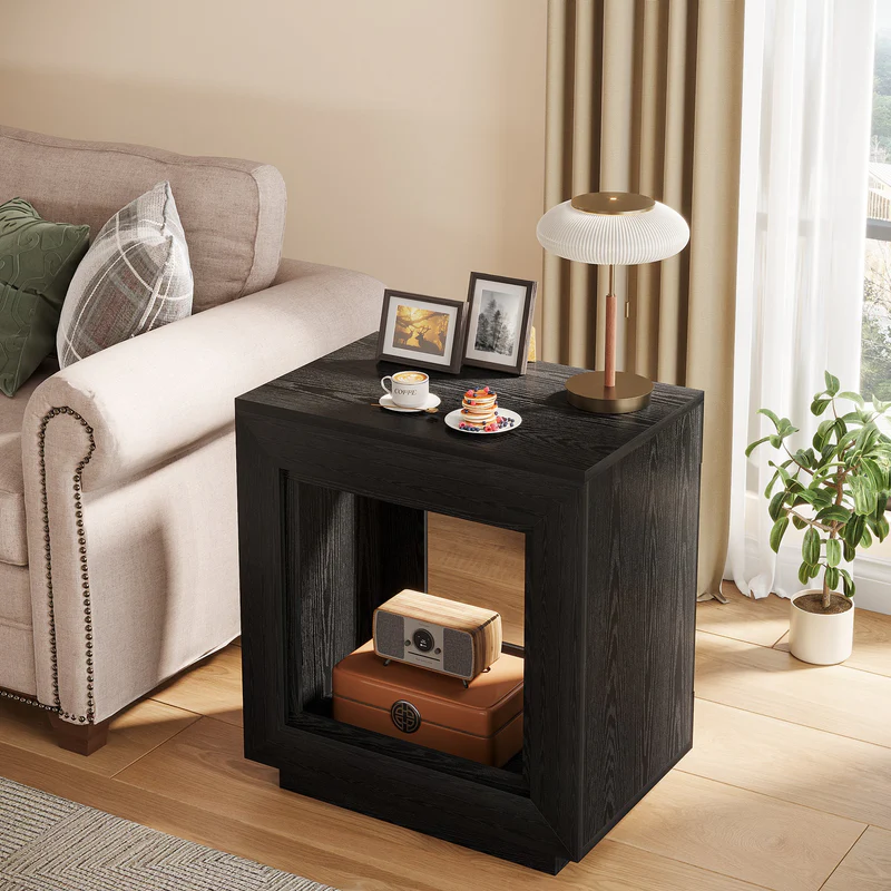 MAYEERTY 24" 2-Tier Square Farmhouse End Table, Rustic Brown Wooden Side Table with Storage Shelf, Multi-Purpose Bedroom Nightstand