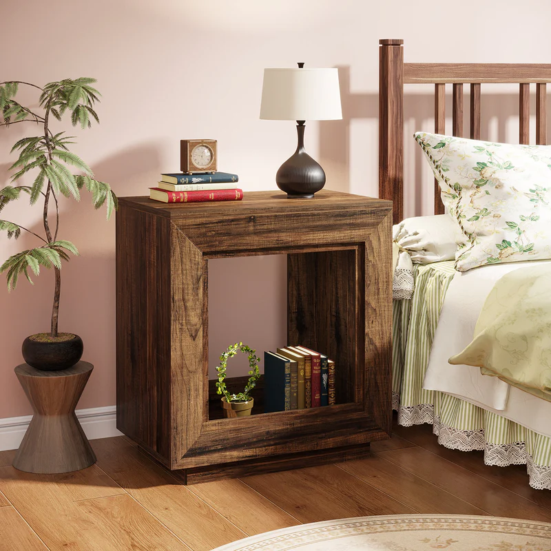 MAYEERTY Square Wood End Table, Rustic Walnut Finish Storage Side Table Nightstand for Living Room Bedroom