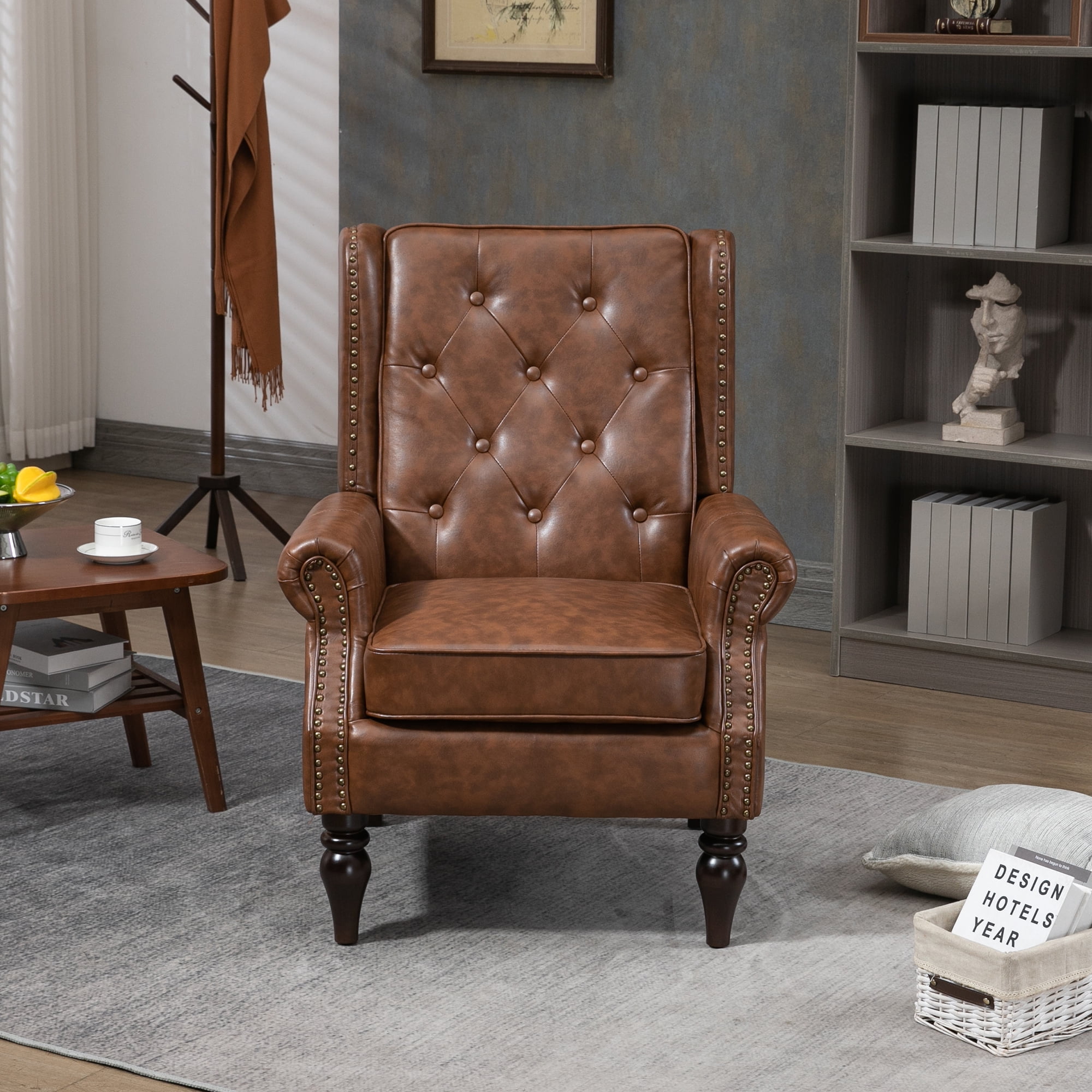 MAYEERTY Wood Frame Armchair, Modern Accent Chair Lounge Chair with Sturdy Wood Legs for Living Room Bedroom，Brown PU