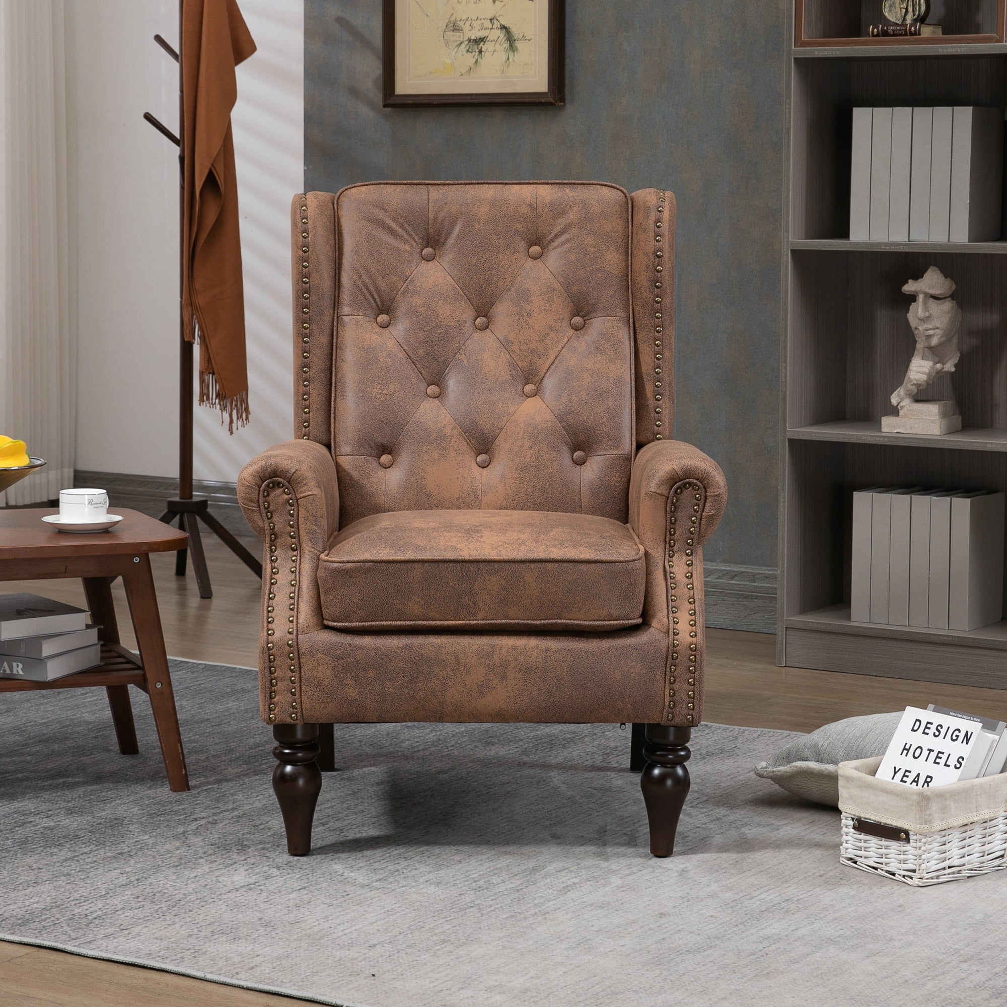 MAYEERTY Wood Frame Armchair, Modern Accent Chair Lounge Chair with Sturdy Wood Legs for Living Room Bedroom，Coffee