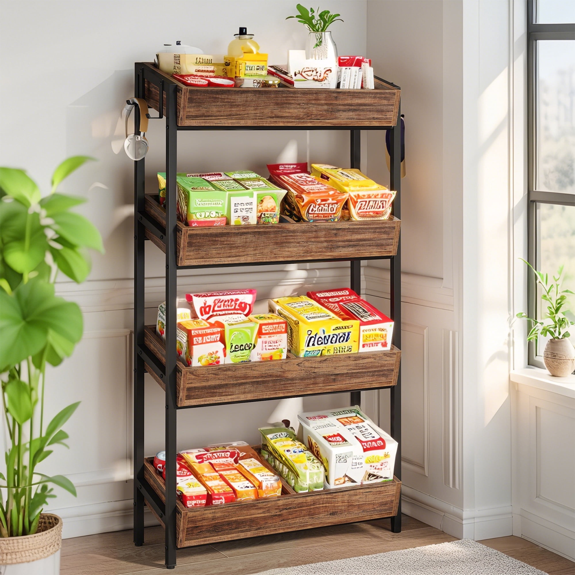 MAYEERTY 8-Bin Fruit Vegetable Storage Rack Wooden Stand for Kitchen & Supermarket