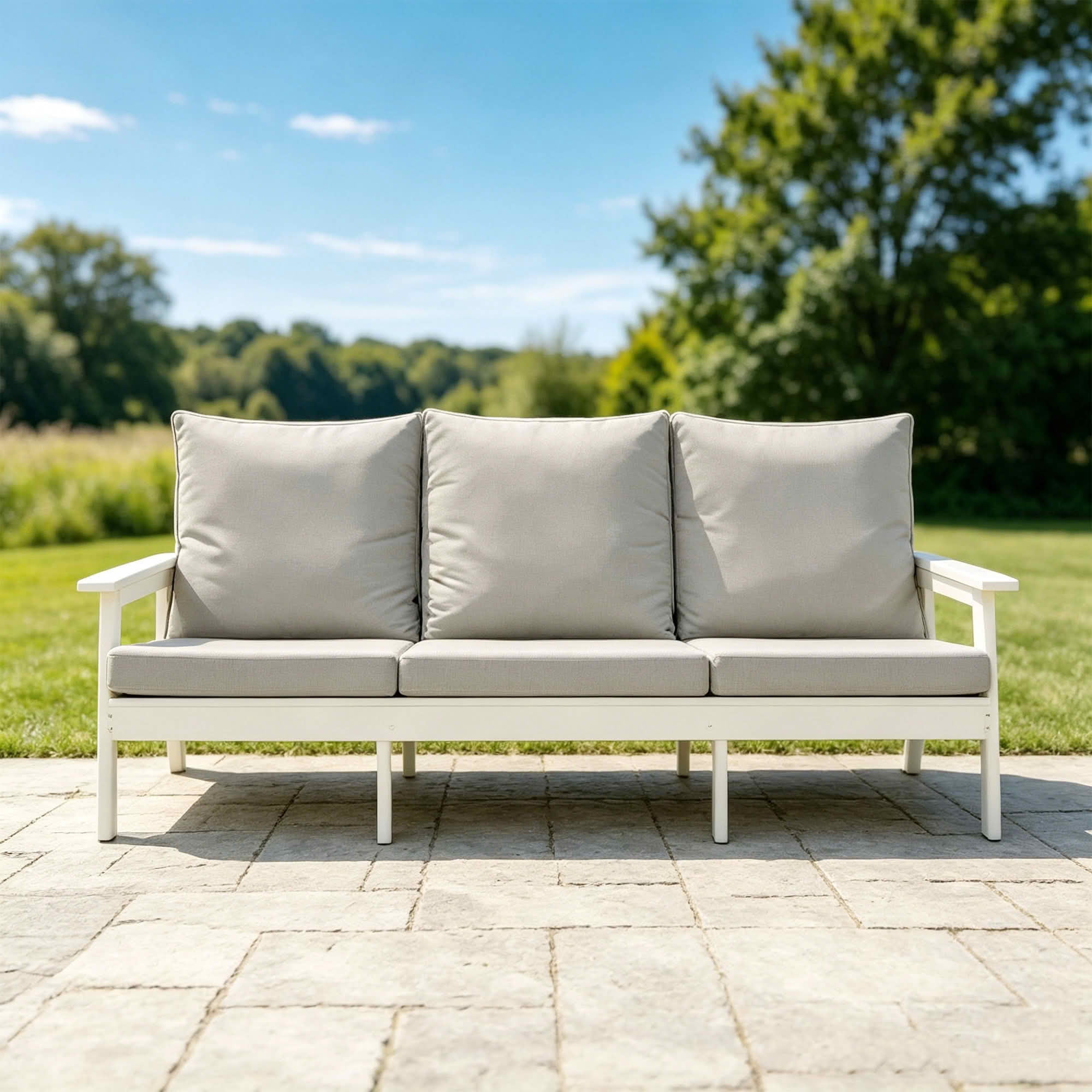 MAYEERTY Wood Grain HIPS 3-Seater Outdoor Patio Sofa, All Weather Garden Couch with Soft Cushions for Backyard Pool Terrace