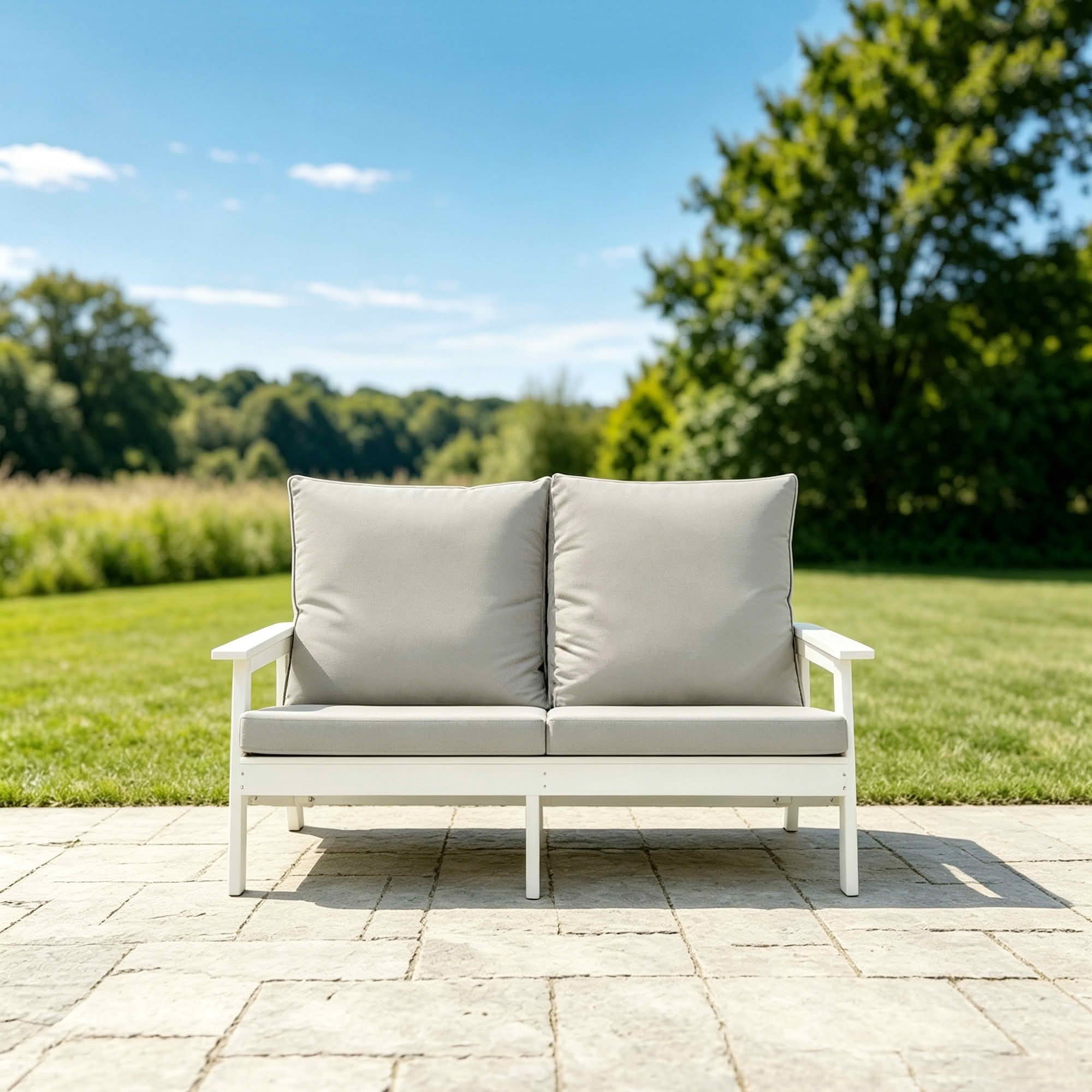 MAYEERTY Wood Grain HIPS Outdoor Loveseat, All Weather 2-Seater Patio Sofa with Soft Cushions for Backyard Pool Terrace