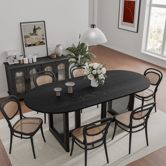 MAYEERTY Wood Oval Dining Table, Mid-Century Modern Dining Table with Rattan Legs, 67"x33.5"x30", Black