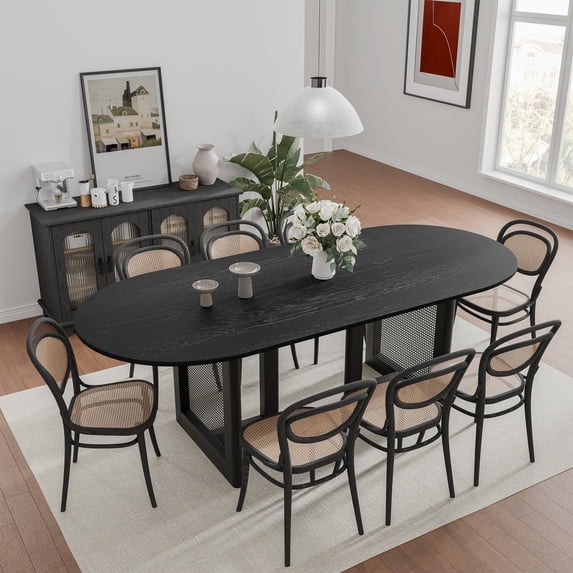 MAYEERTY Wood Oval Dining Table, Mid-Century Modern Dining Table with Rattan Legs, 79"x33.5"x30", Black