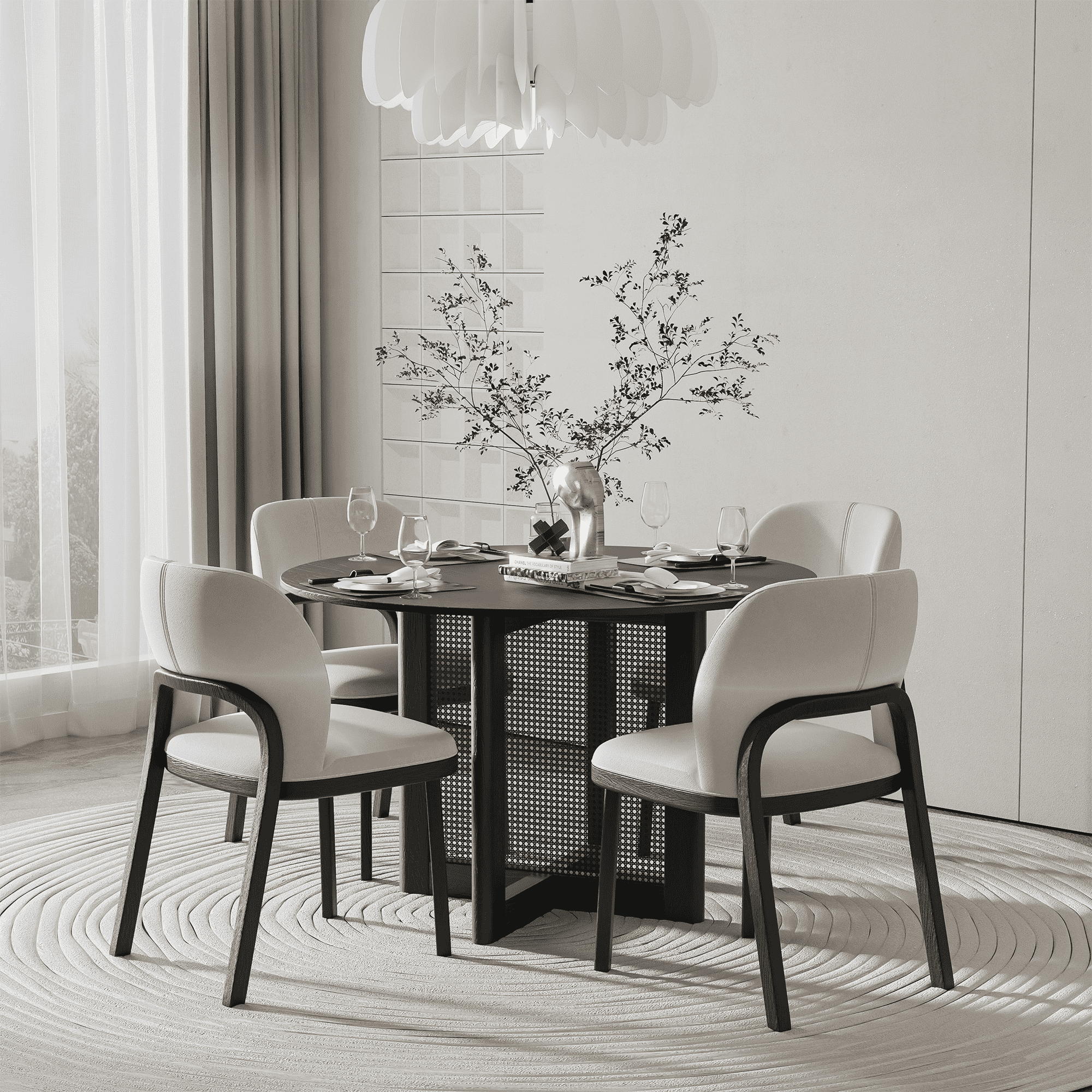 MAYEERTY Wood Round Dining Table, Mid-Century Modern Dining Table for Small Spaces with Rattan Legs, 46"x46"x30", Black