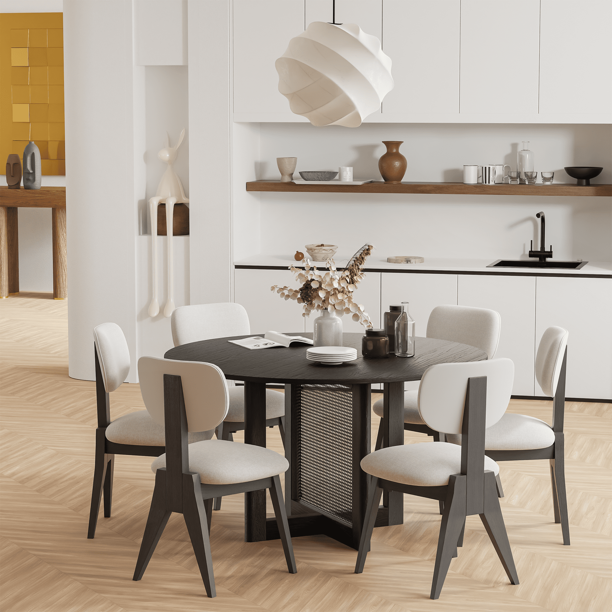 MAYEERTY Wood Round Dining Table, Mid-Century Modern Dining Table with Rattan Legs, 52"x52"x30", Black