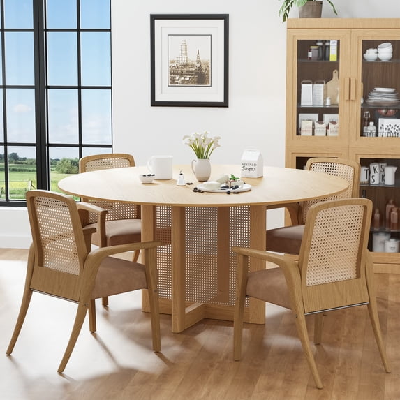 MAYEERTY Wood Round Dining Table, Mid-Century Modern Dining Table with Rattan Legs, 60"x60"x30", Wood Color