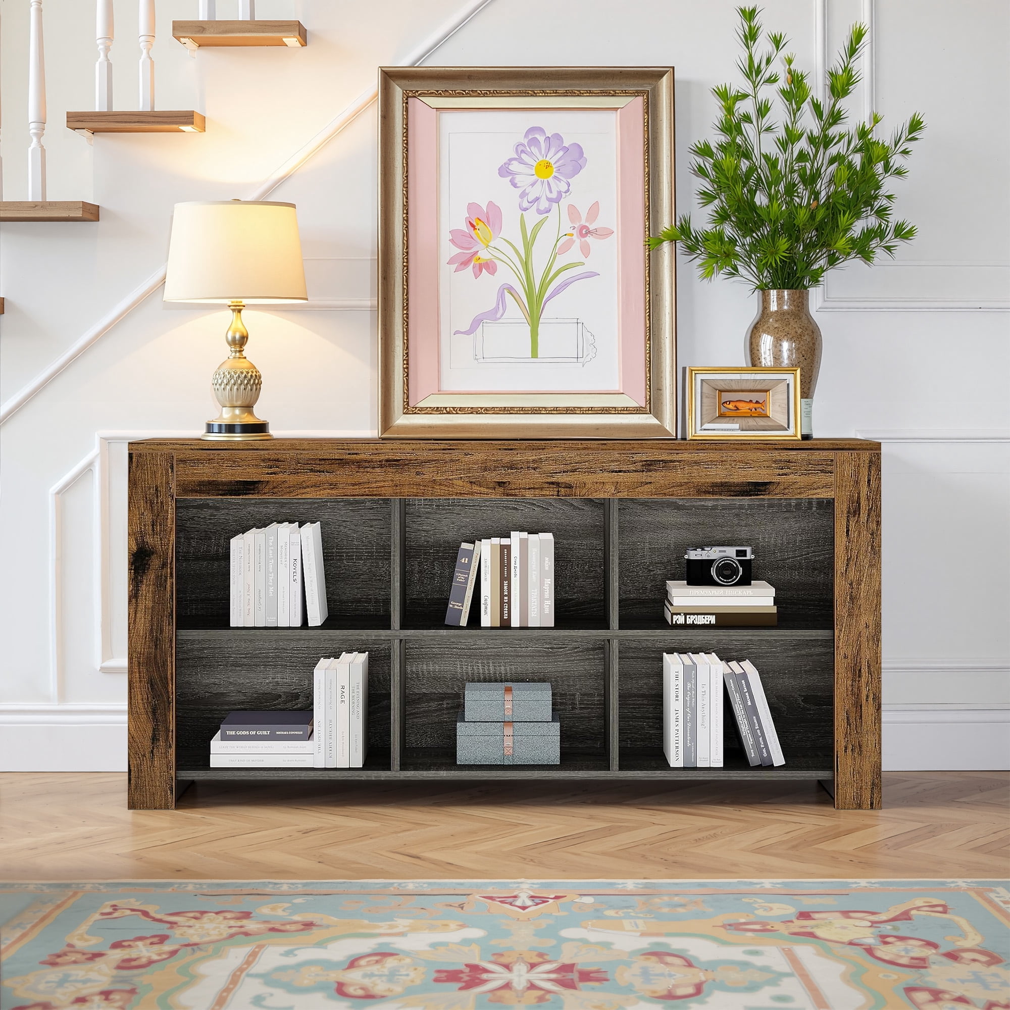 MAYEERTY 63" Rustic Console Table, 6 Open Compartments Wooden Couch Table for Entryway