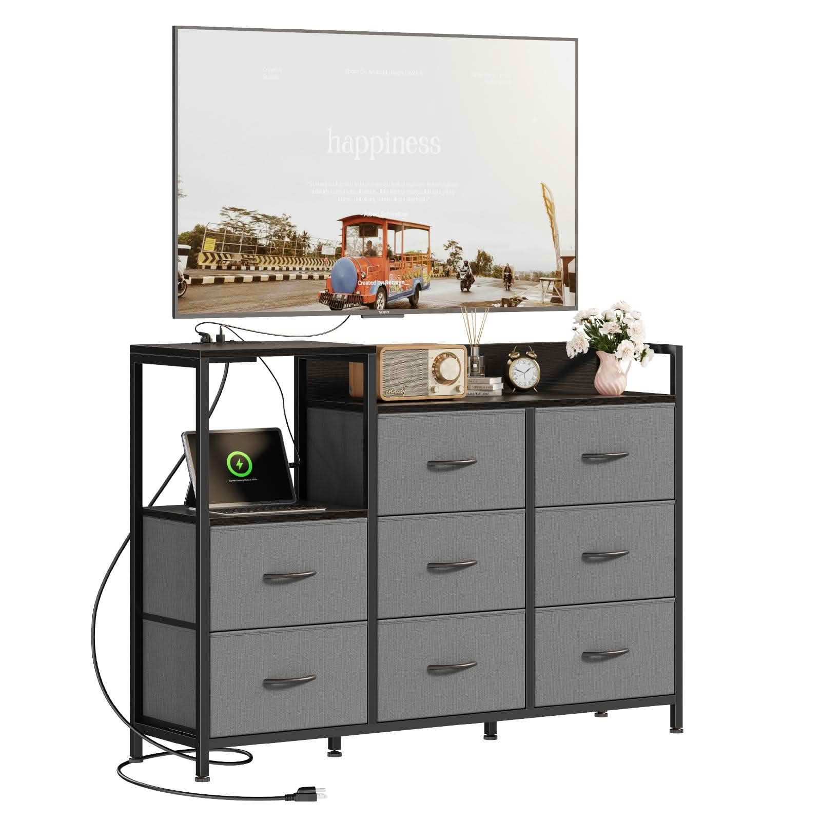 MAYEERTY Wooden Top TV Media Console, 8 Fabric Drawers 1 Shelf for 45-Inch TVs