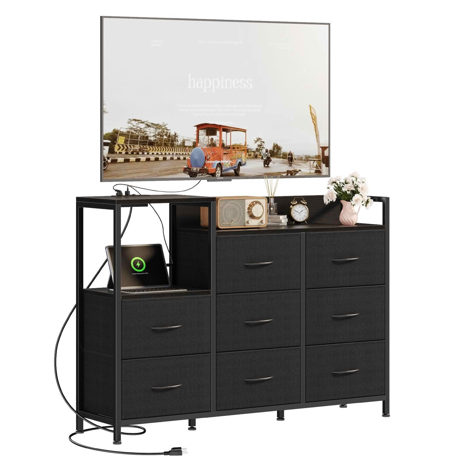 MAYEERTY Wooden Top TV Media Console, 8 Fabric Drawers 1 Shelf for 45-Inch TVs