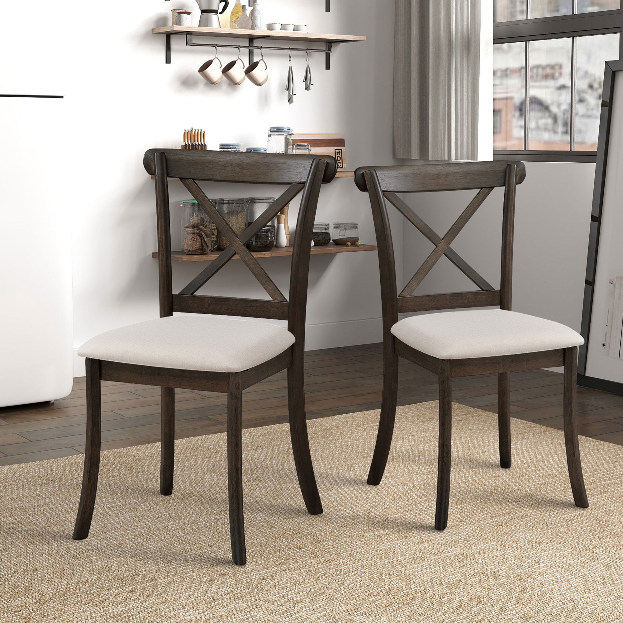 MAYEERTY Wooden X-Back Dining Chairs Set of 2, Modern Fabric Upholstered Kitchen Side Chairs, Cross-Back Rubber Wood Farmhouse Dining Room Chair, Brown