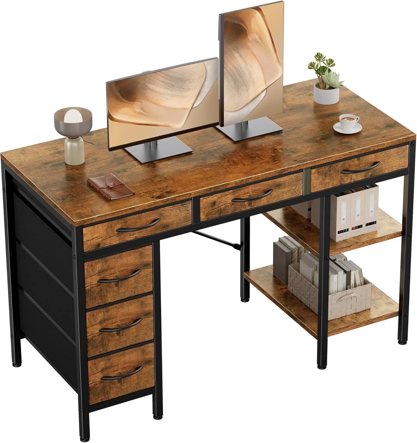 MAYEERTY Writing Desk 6 Fabric Drawers 2 Storage Shelves Adjustable Removable Shelf