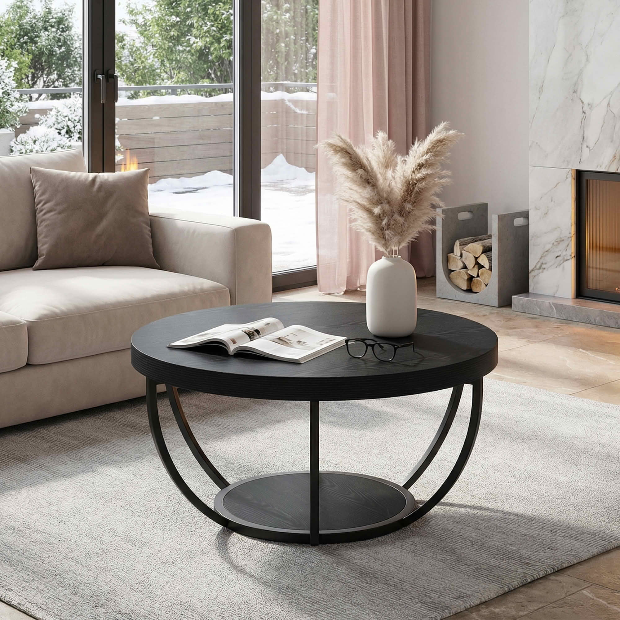 MAYEETY 2-Tier Round Wooden Coffee Table Living Room Storage Table