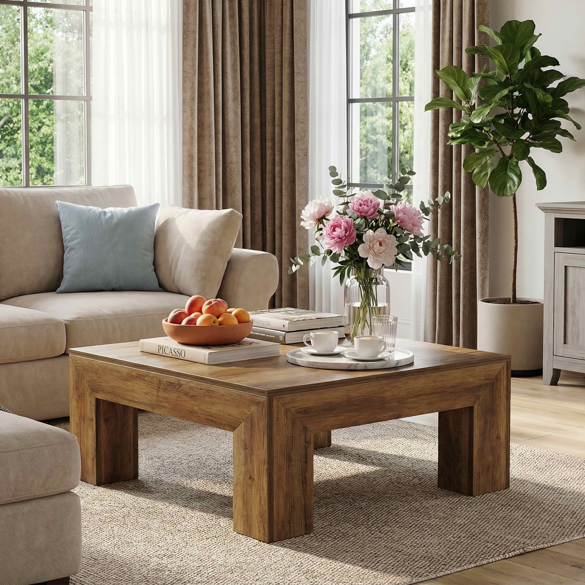 MAYEETY 39 Inch Farmhouse Square Wooden Coffee Table Living Room Center Table