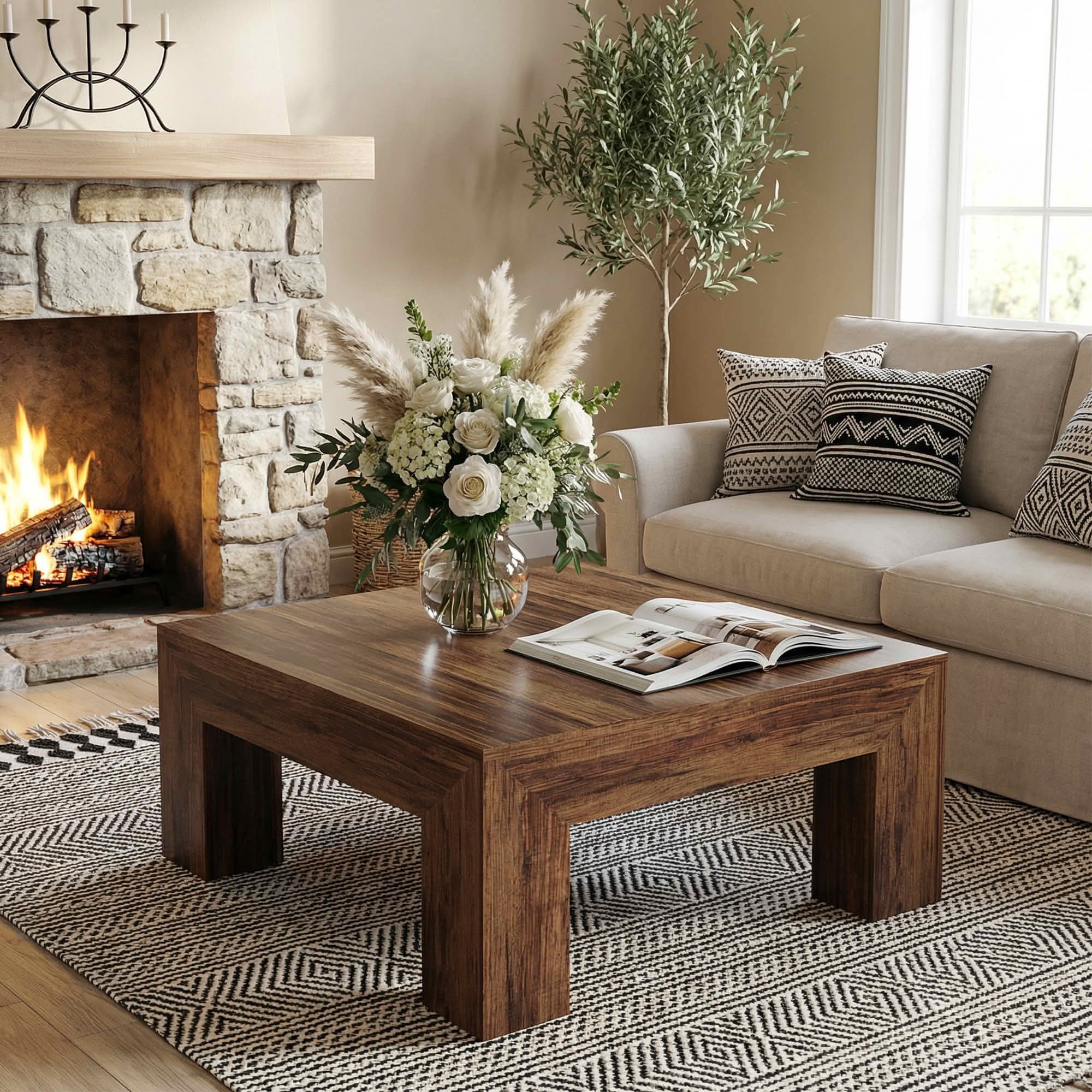 MAYEETY 39 Inch Farmhouse Square Wooden Coffee Table Living Room Center Table