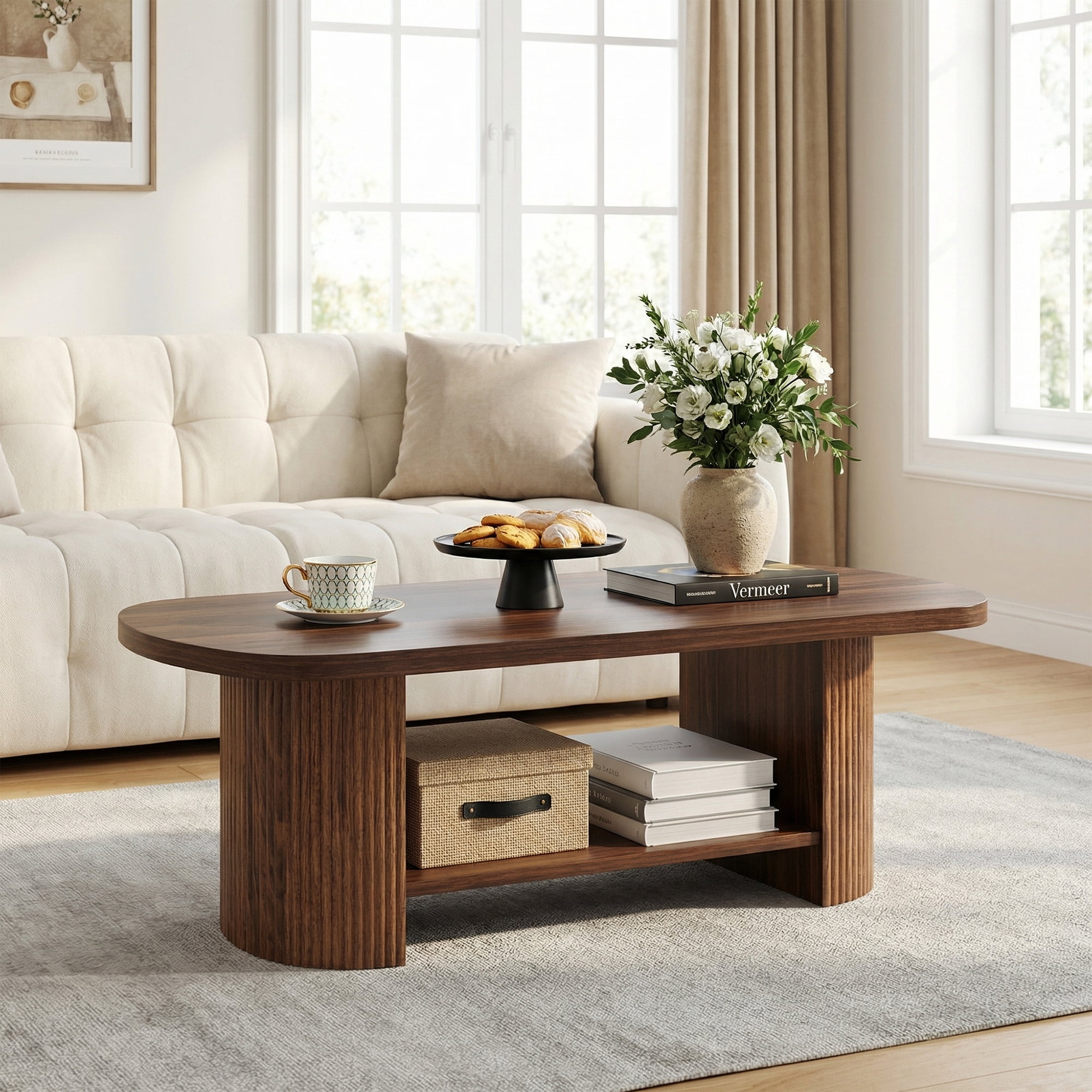 MAYEETY 45 Inch Modern Oval 2-Tier Coffee Table Fluted Base Storage Living Room Table