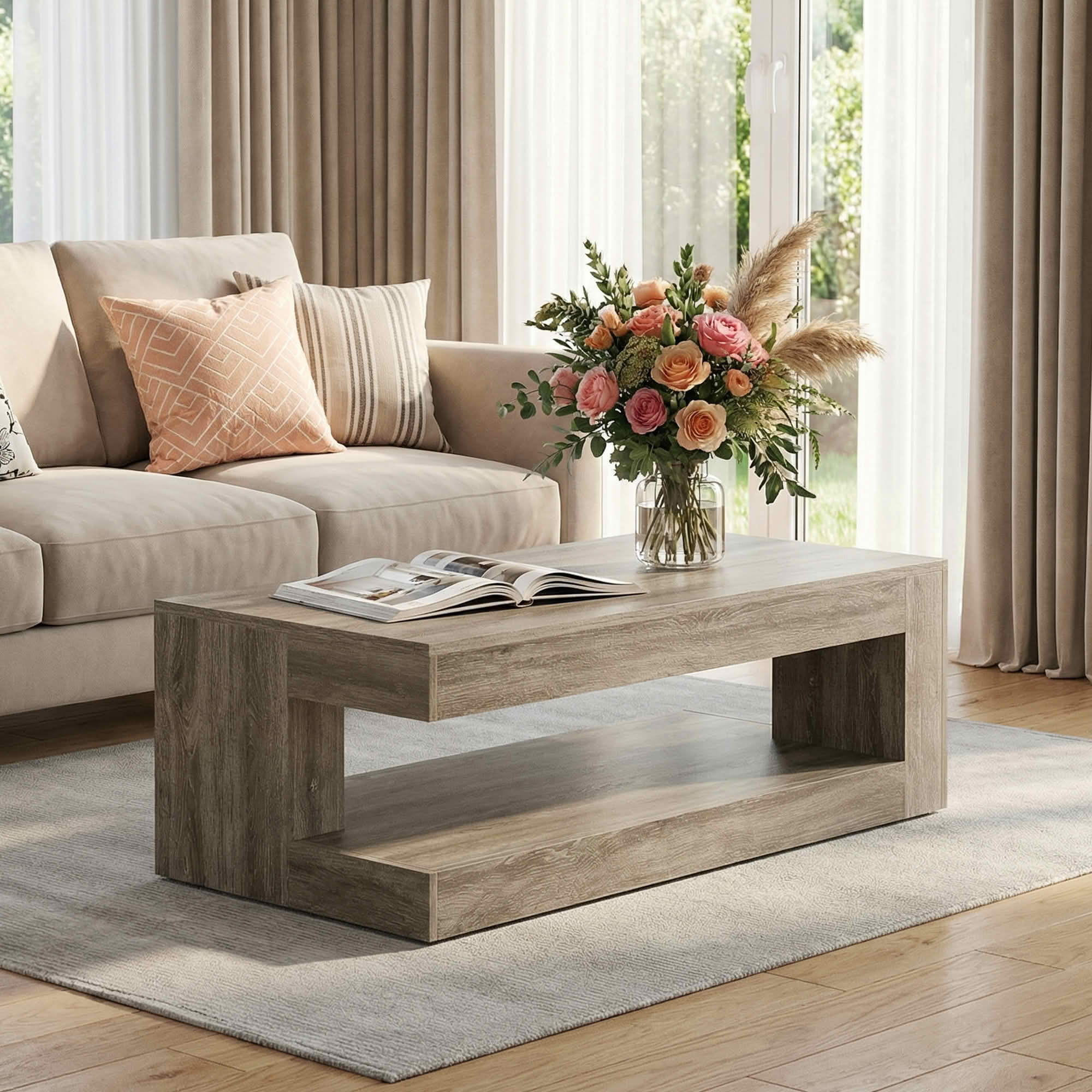 MAYEETY 47.24 Inch Farmhouse 2-Tier Coffee Table Storage Living Room Tea Table