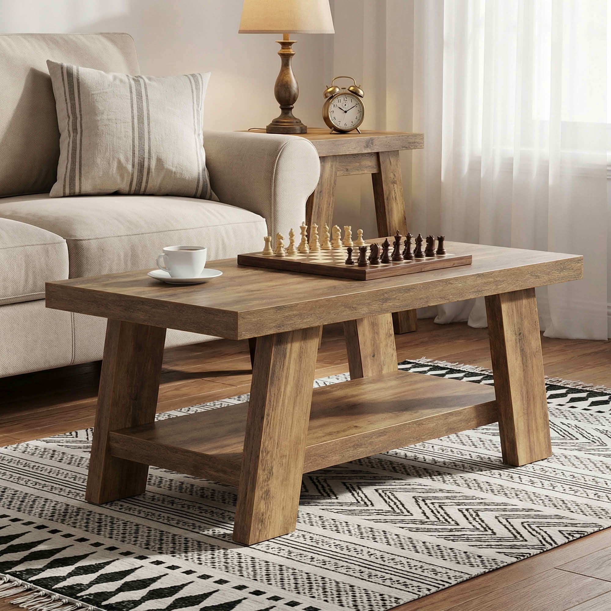 MAYEETY 47 Inch Farmhouse 2-Tier Coffee Table Storage Living Room Table