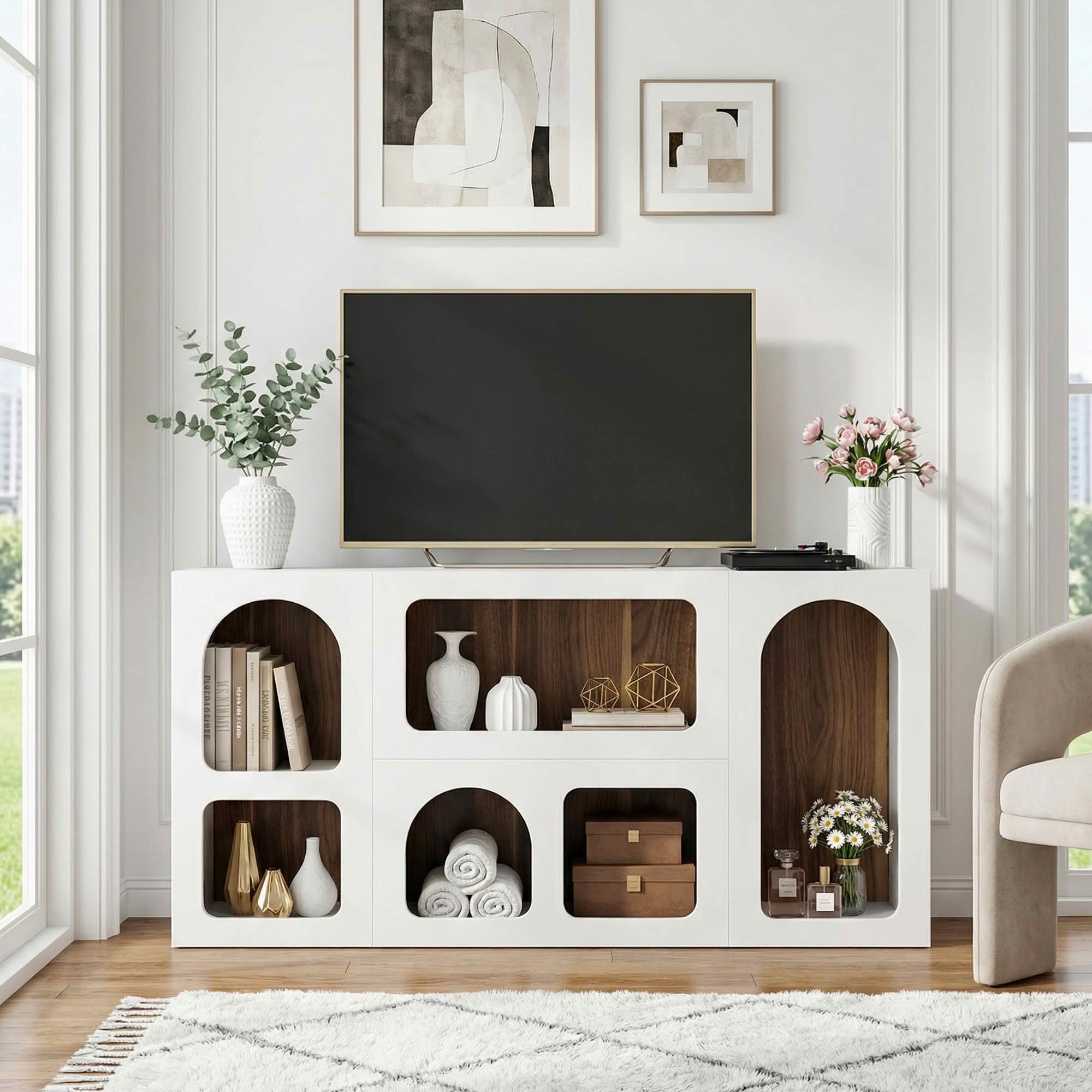 MAYEETY 59 Inch Wooden Console Table 6 Compartments Storage Entryway Table