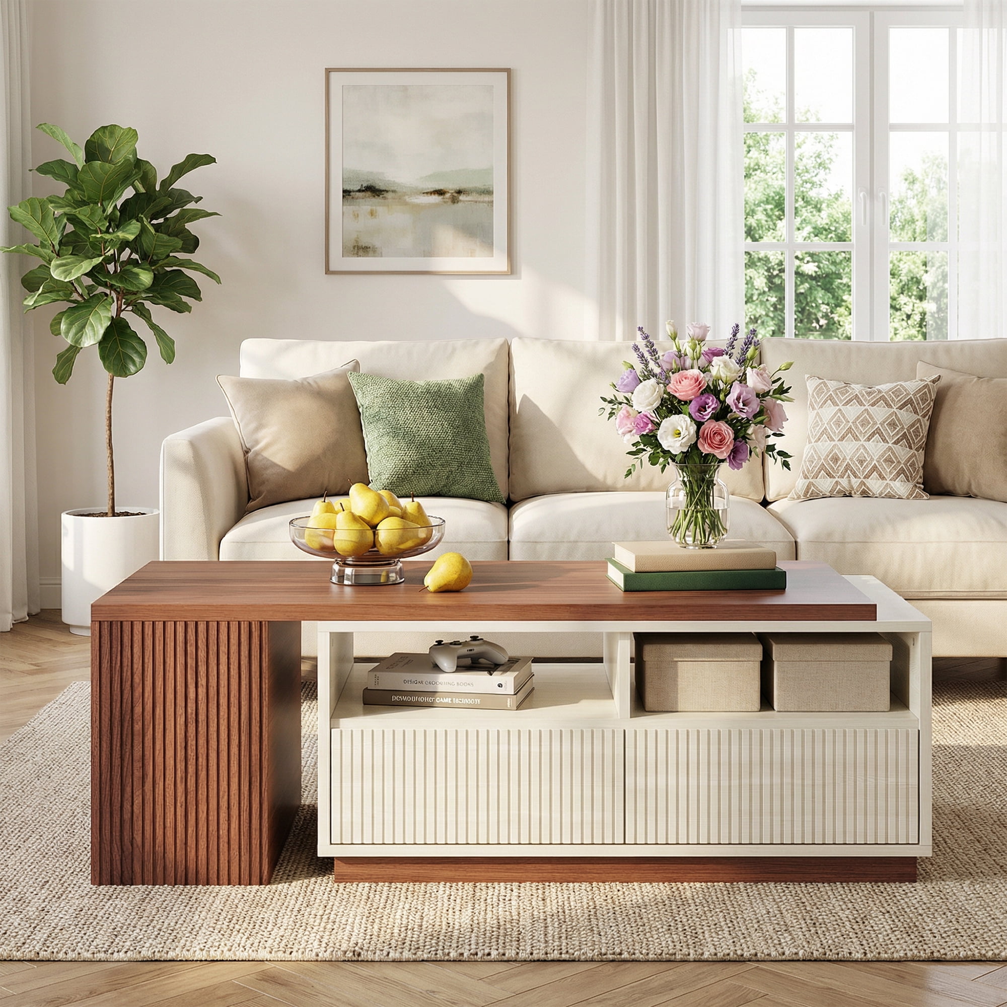 MAYEETY Extendable Coffee Table Reversible Tabletop with 2 Drawers Living Room Center Table