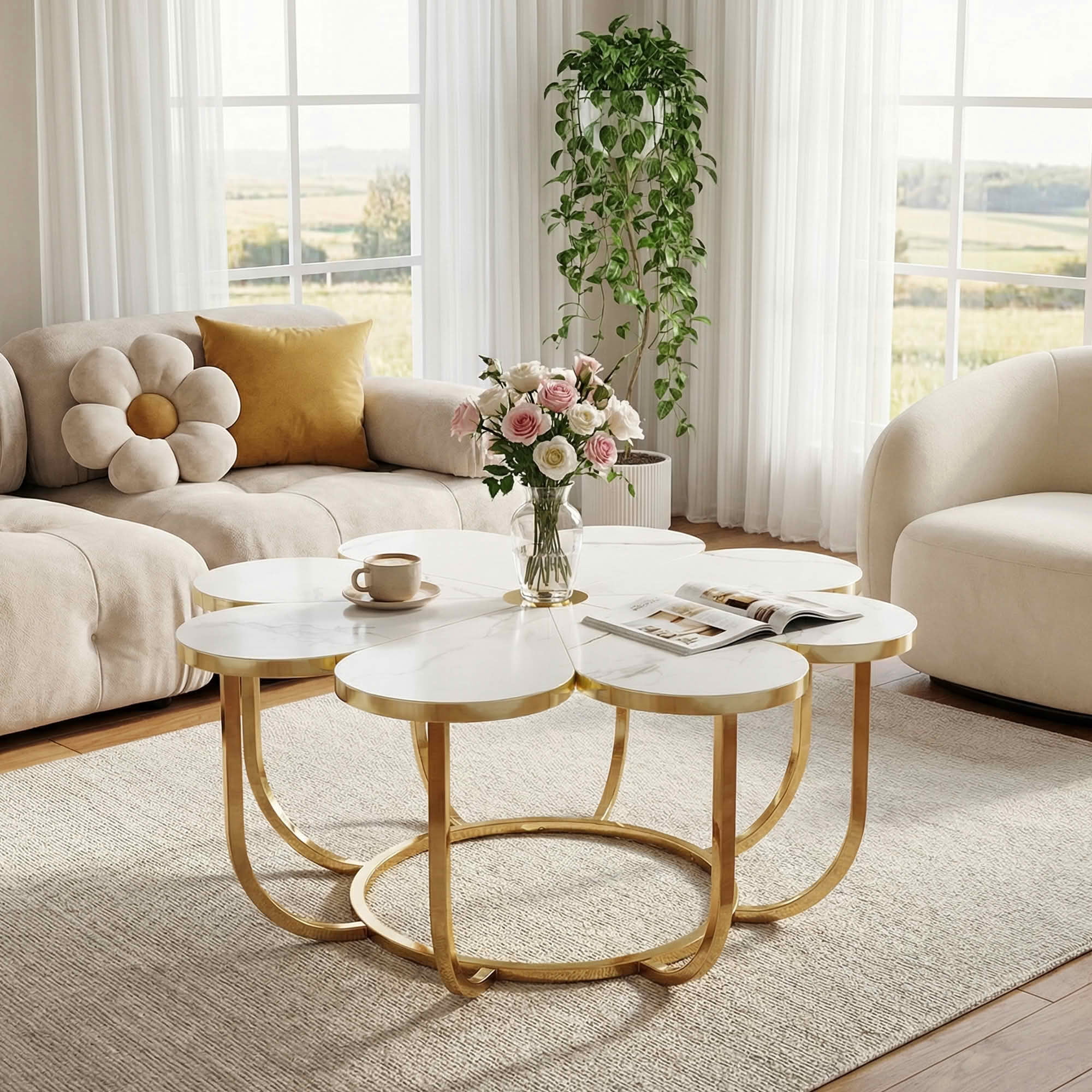MAYEETY Flower Shaped Coffee Table Faux Marble Top Modern Living Room Table