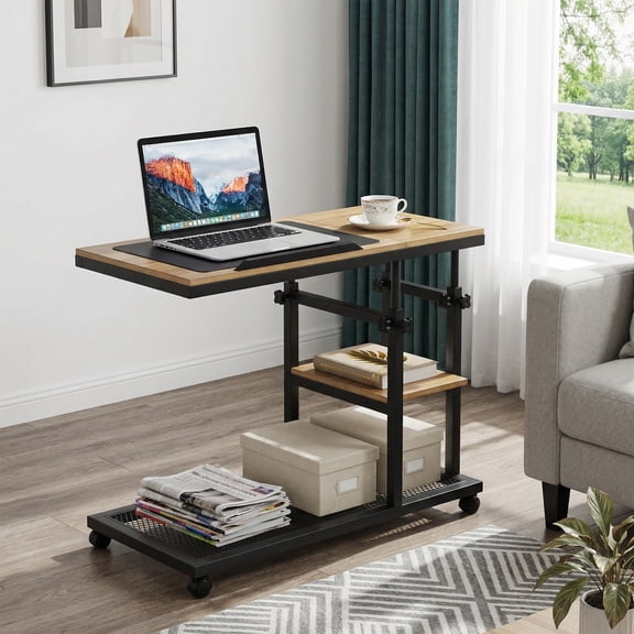 MAYEETY Height Adjustable C Table with Wheels Tiltable Top 2-Tier Sofa Snack Side Table