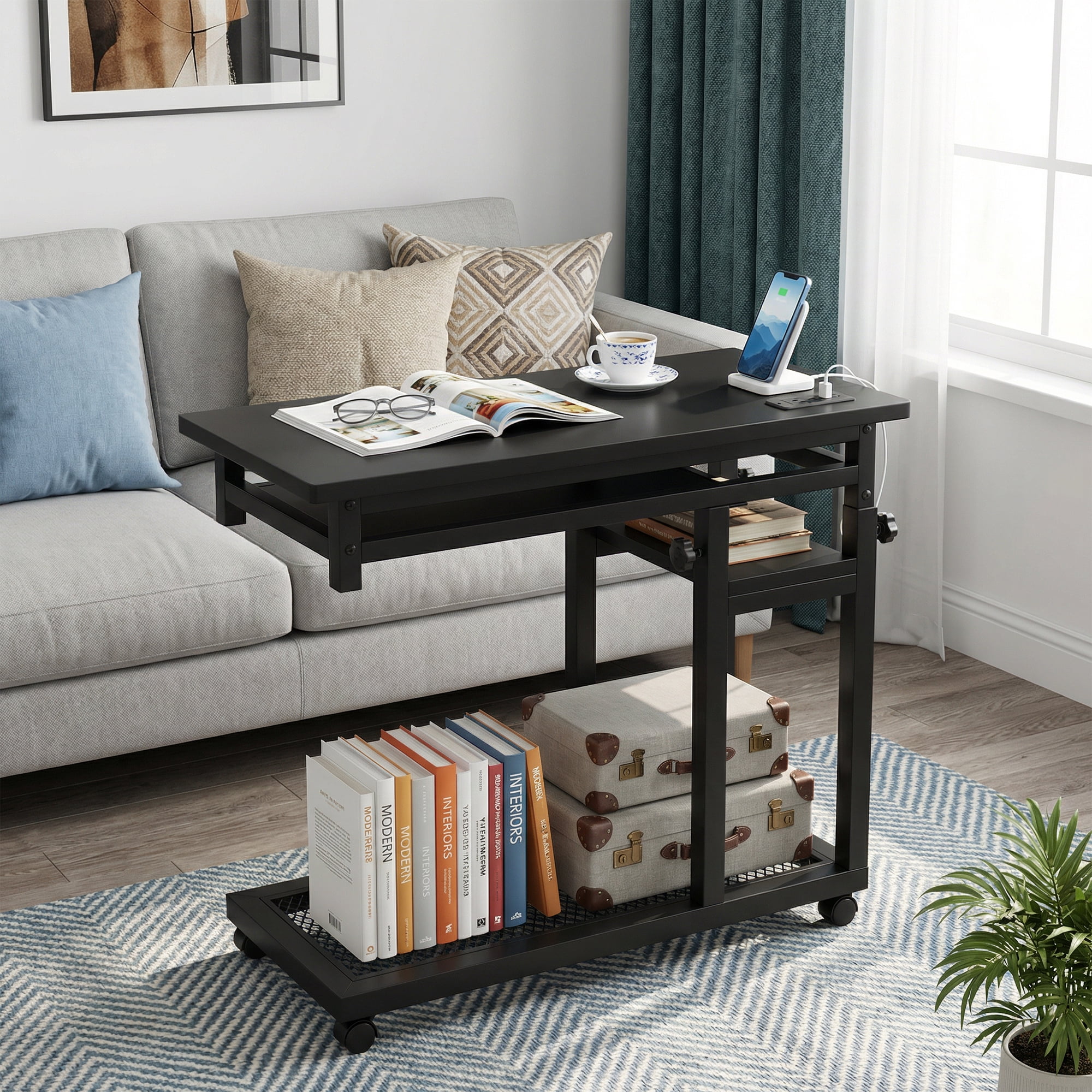 MAYEETY Height Adjustable Mobile C Table with Power Outlet & Keyboard Tray Sofa Side Table