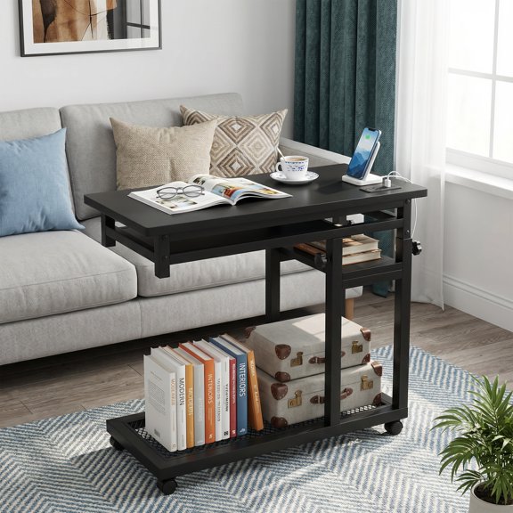 MAYEETY Height Adjustable Mobile C Table with Power Outlet & Keyboard Tray Sofa Side Table